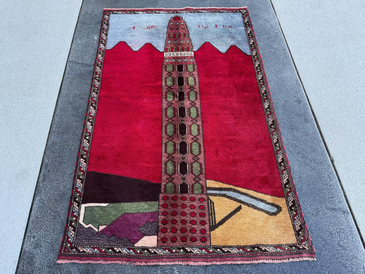 3x5 Handmade Vintage Afghan Baluch Rug | Crimson Scarlet Brick Rose Red Pink Moss Pine Green Sky Powder Blue Burgundy Plum Grey Saffron Wool