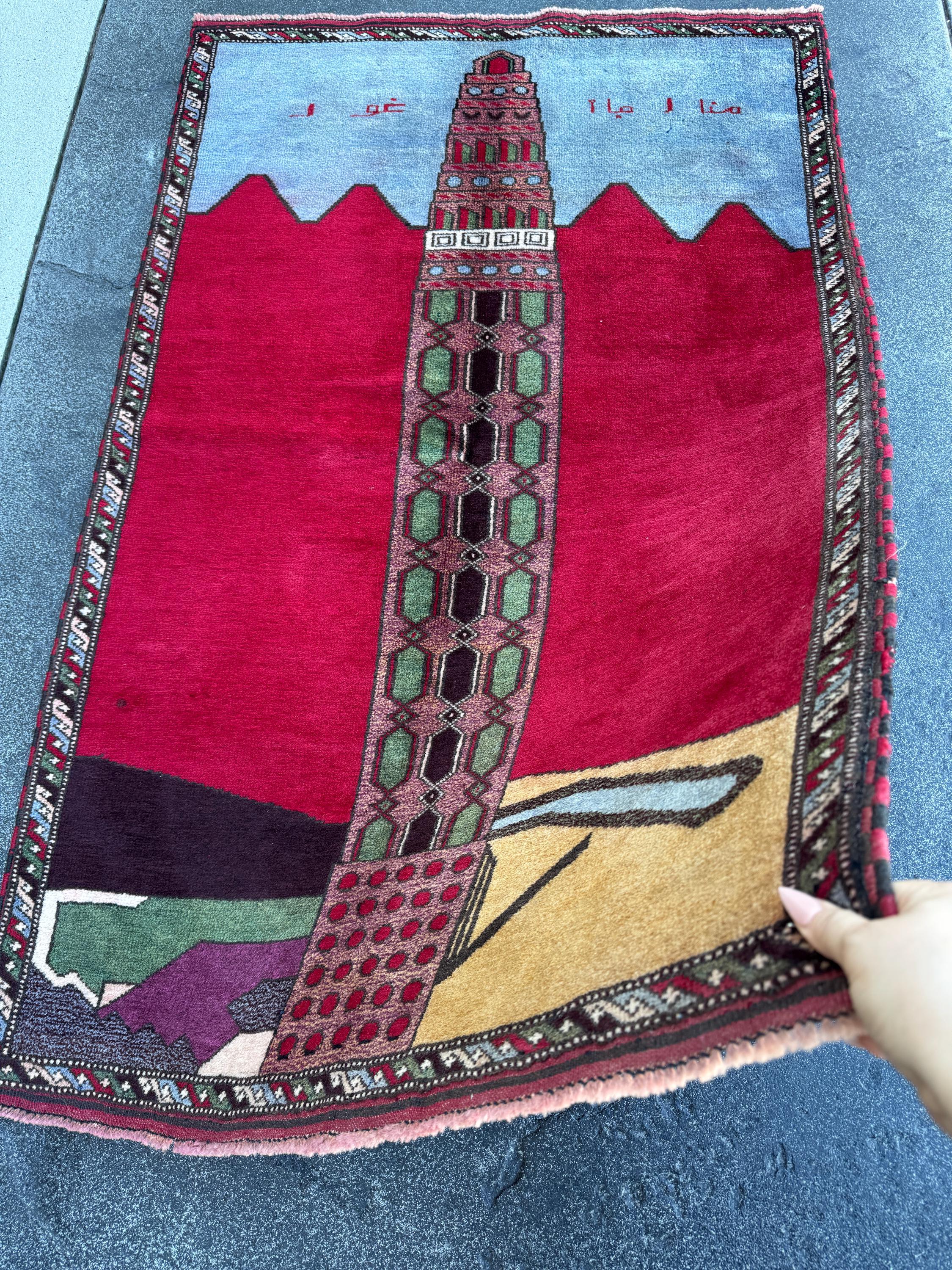 3x5 Handmade Vintage Afghan Baluch Rug | Crimson Scarlet Brick Rose Red Pink Moss Pine Green Sky Powder Blue Burgundy Plum Grey Saffron Wool