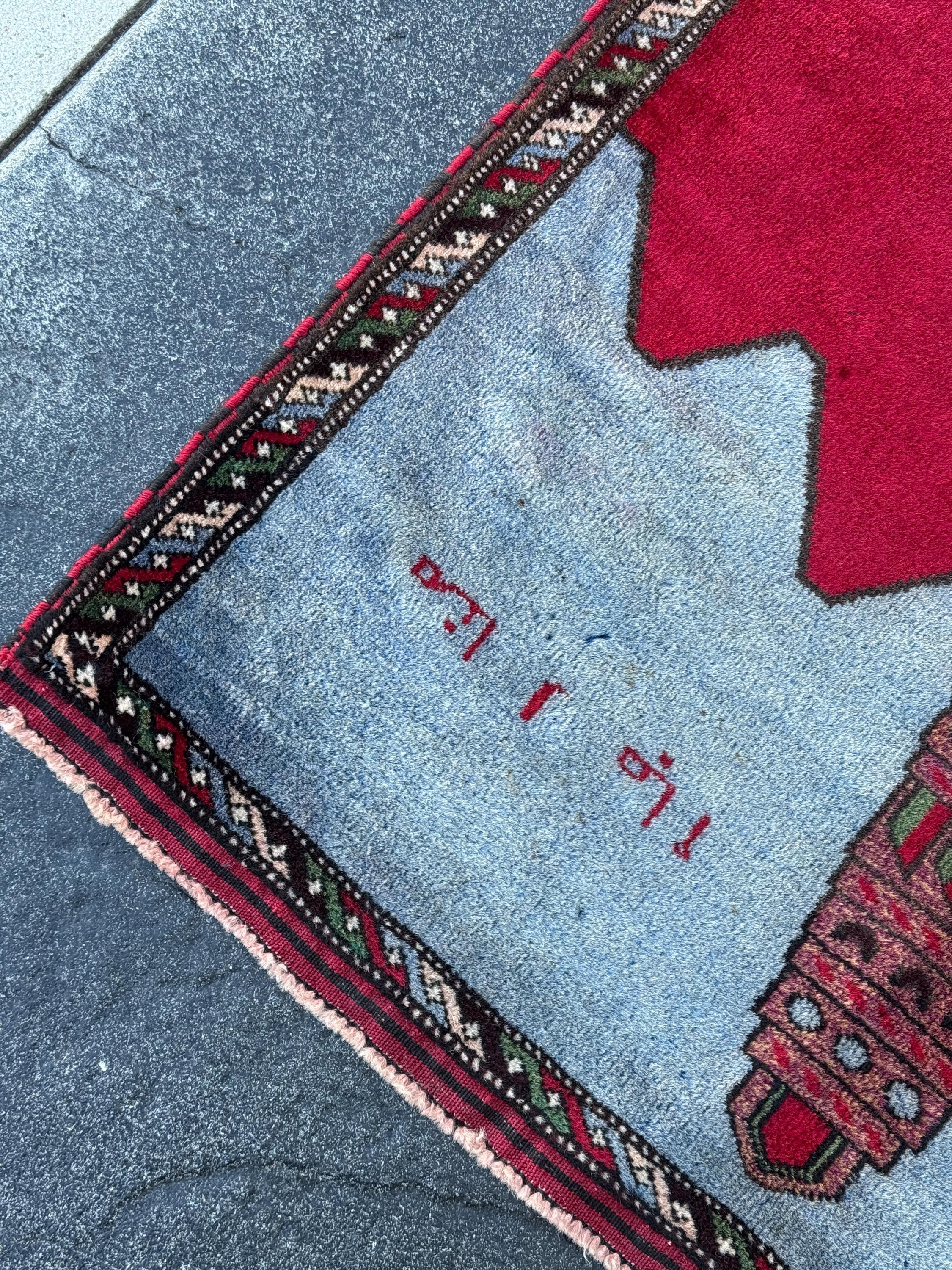 3x5 Handmade Vintage Afghan Baluch Rug | Crimson Scarlet Brick Rose Red Pink Moss Pine Green Sky Powder Blue Burgundy Plum Grey Saffron Wool