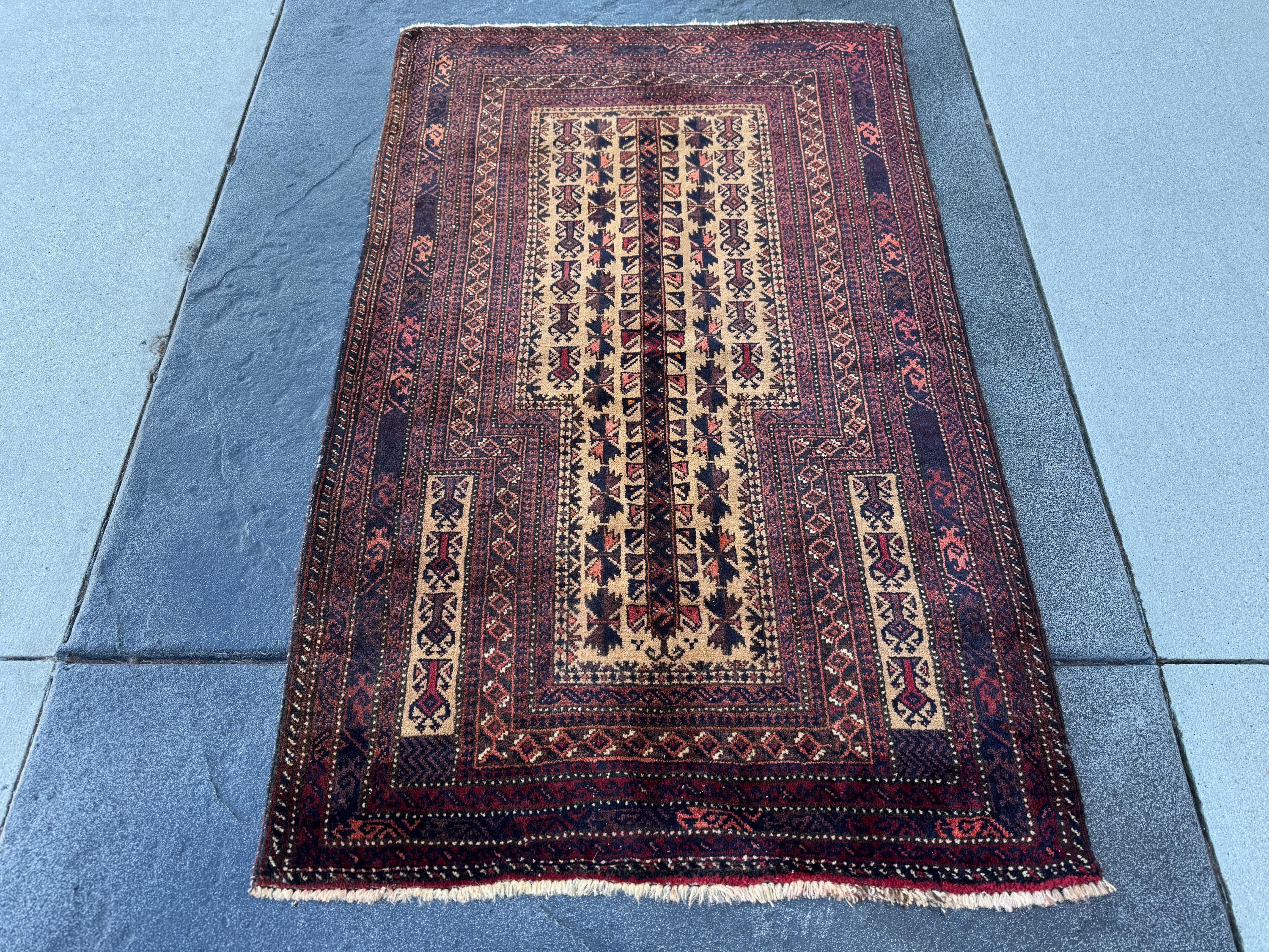 3x5 (91x152) Handmade Vintage Afghan Baluch Rug | Brick Crimson Blood Red Midnight Blue Cream Chocolate Coffee Brown Black Gold White | Wool