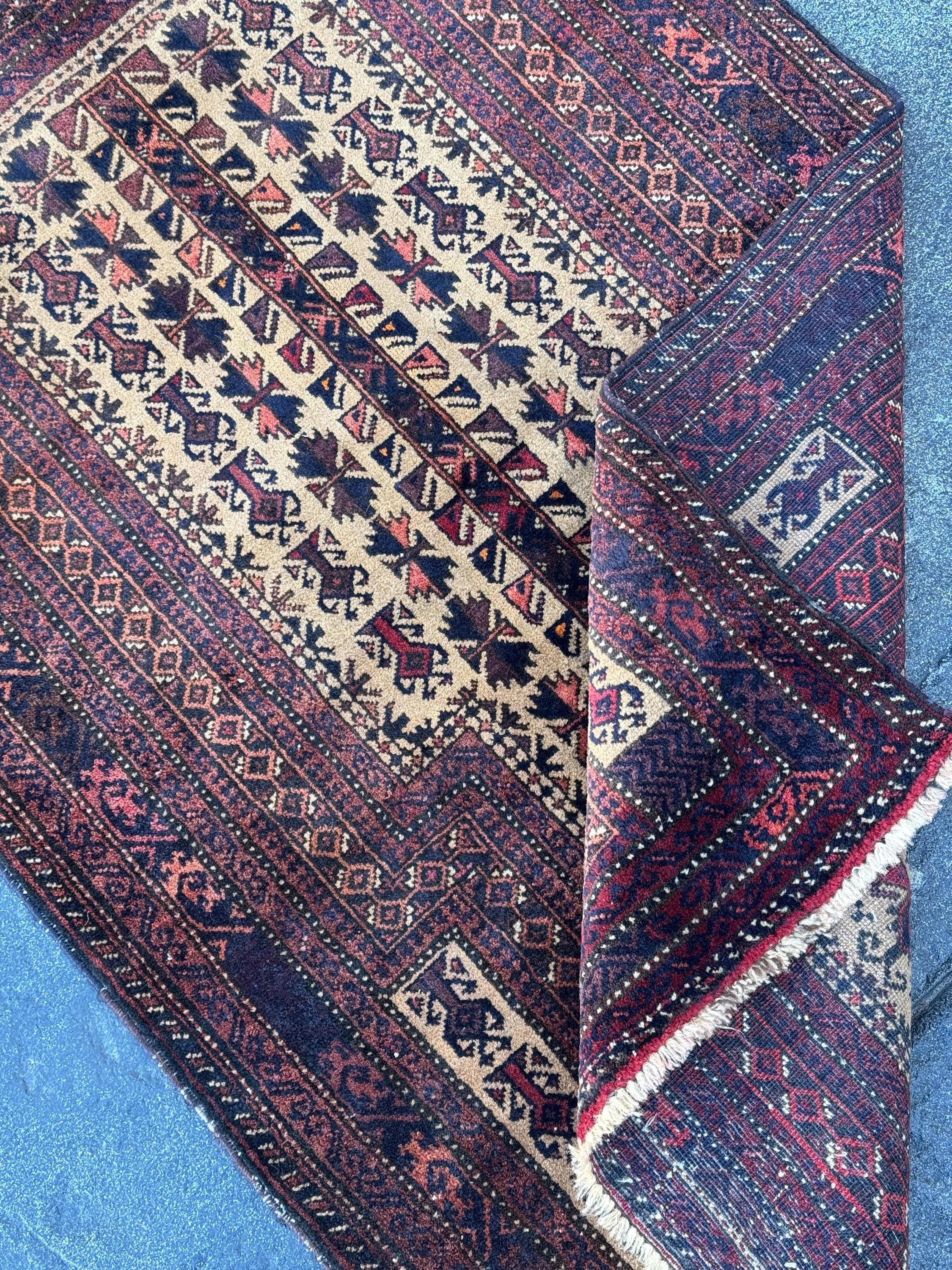 3x5 (91x152) Handmade Vintage Afghan Baluch Rug | Brick Crimson Blood Red Midnight Blue Cream Chocolate Coffee Brown Black Gold White | Wool