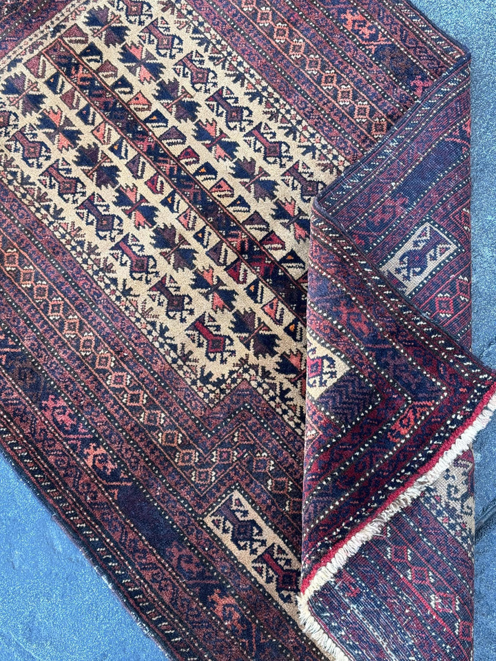 3x5 (91x152) Handmade Vintage Afghan Baluch Rug | Brick Crimson Blood Red Midnight Blue Cream Chocolate Coffee Brown Black Gold White | Wool