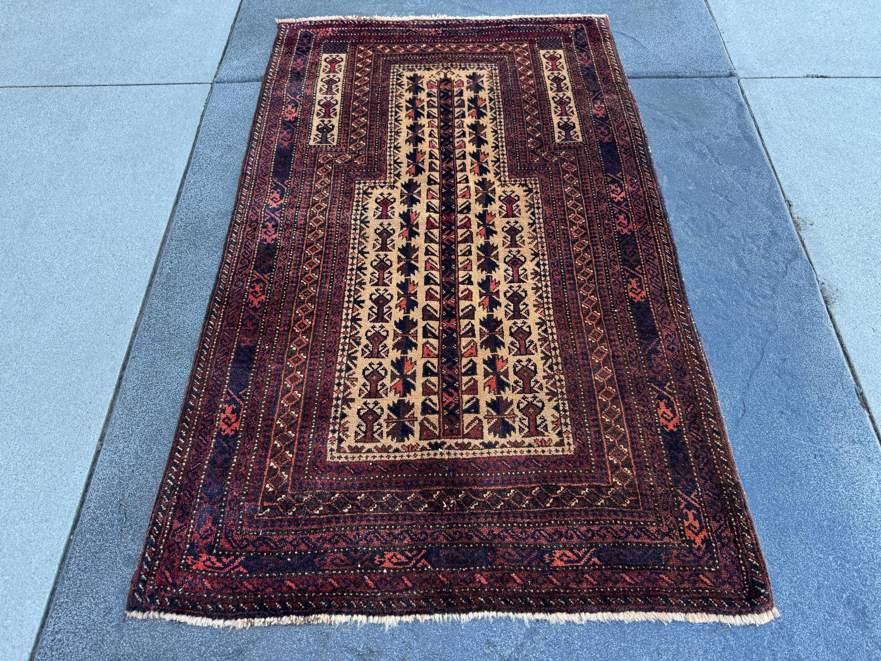 3x5 (91x152) Handmade Vintage Afghan Baluch Rug | Brick Crimson Blood Red Midnight Blue Cream Chocolate Coffee Brown Black Gold White | Wool