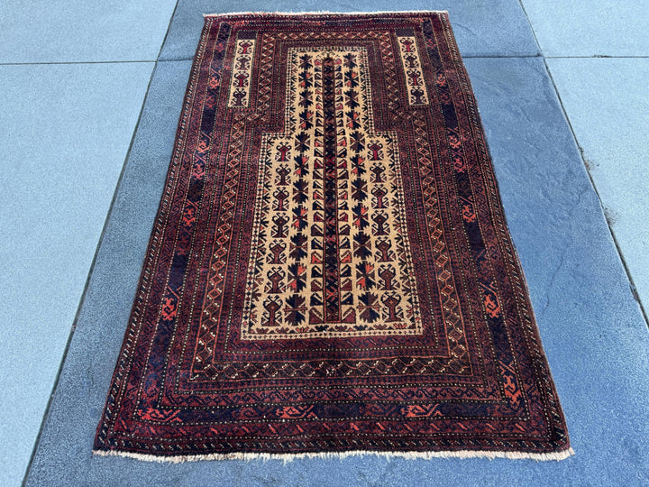 3x5 (91x152) Handmade Vintage Afghan Baluch Rug | Brick Crimson Blood Red Midnight Blue Cream Chocolate Coffee Brown Black Gold White | Wool