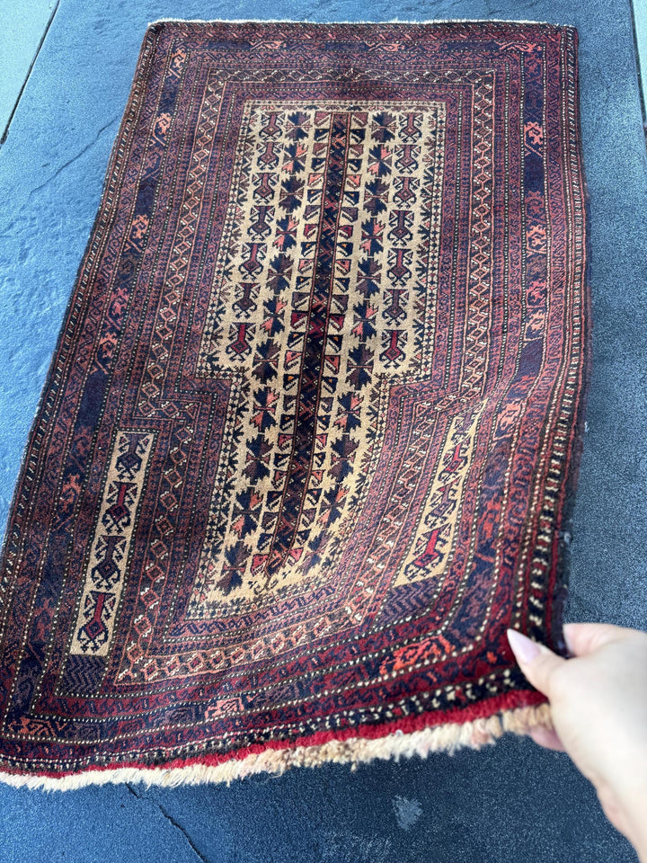 3x5 (91x152) Handmade Vintage Afghan Baluch Rug | Brick Crimson Blood Red Midnight Blue Cream Chocolate Coffee Brown Black Gold White | Wool