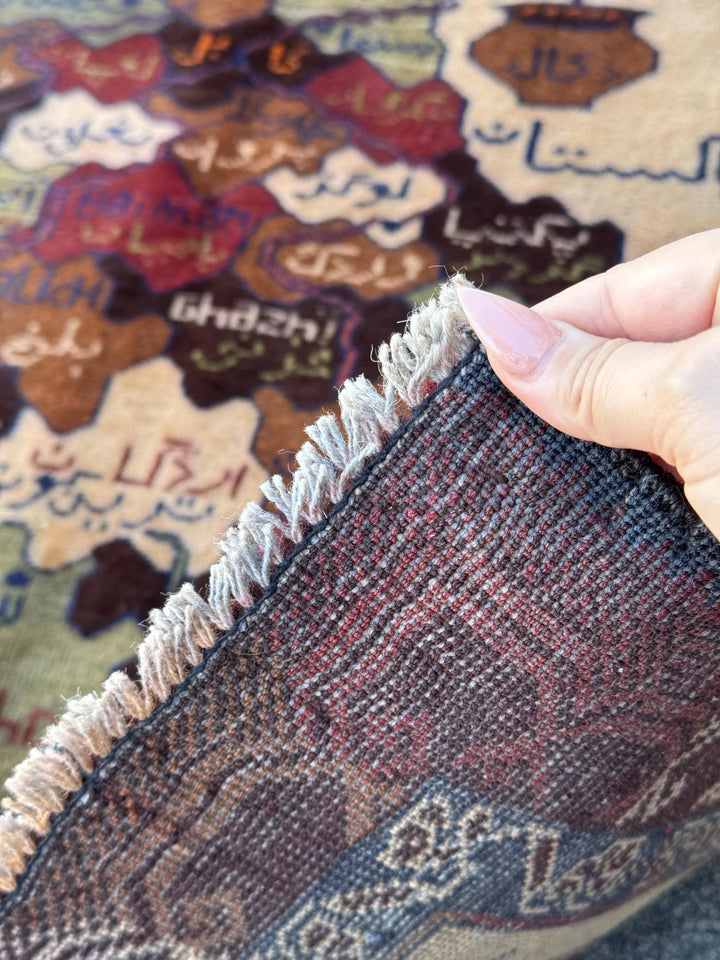 3x4 Handmade Vintage Afghan Baluch Rug | Cream Caramel Coffee Chocolate Tan Brown Black Moss Olive Green Brick Red White Navy Blue Orange