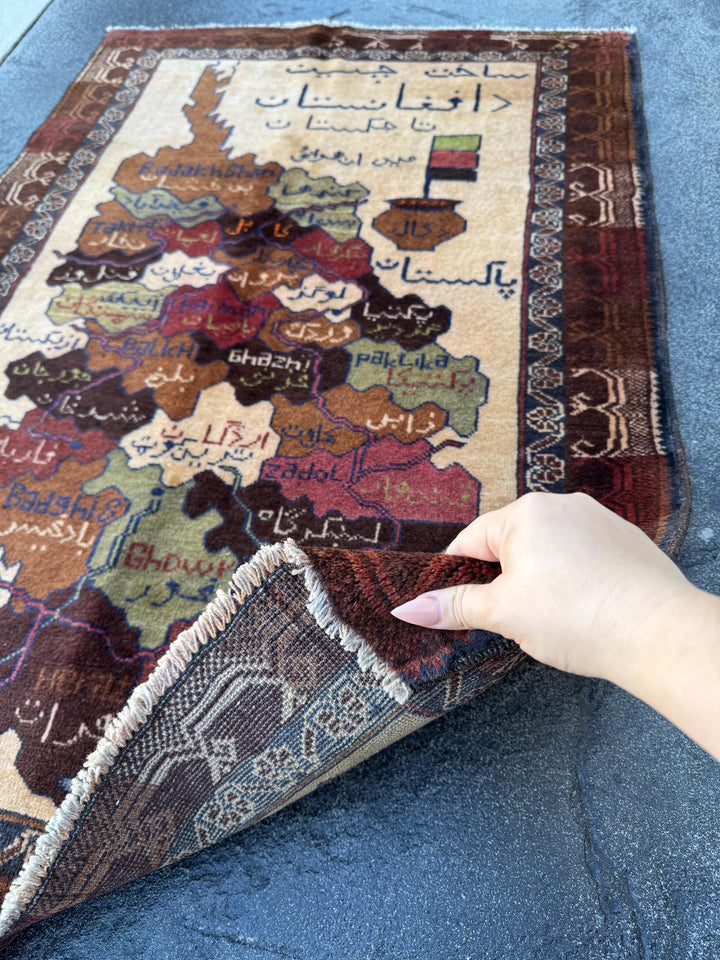 3x4 Handmade Vintage Afghan Baluch Rug | Cream Caramel Coffee Chocolate Tan Brown Black Moss Olive Green Brick Red White Navy Blue Orange