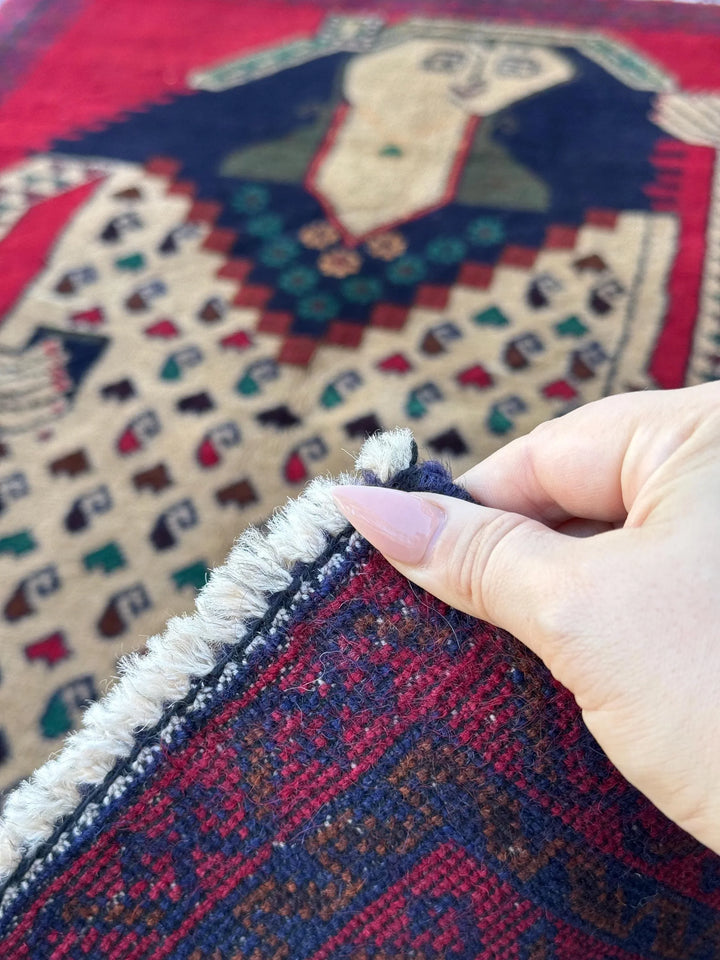 3x4-5 Handmade Vintage Afghan Baluch Rug | Blood Crimson Red Forest Green Navy Midnight Denim Blue Black Caramel Coffee Brown Cream | Wool