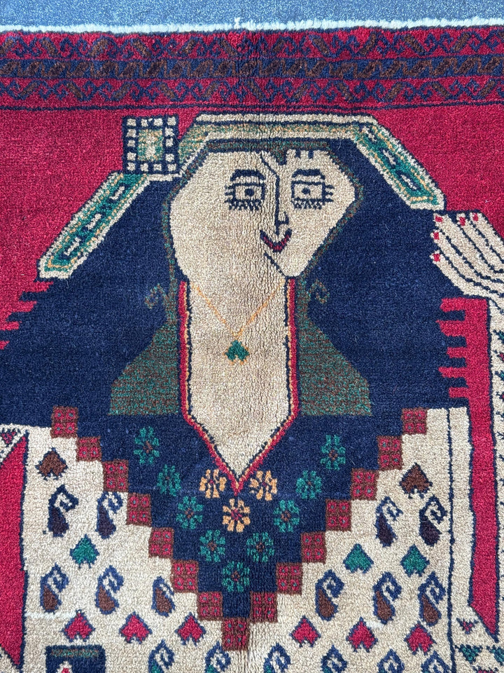 3x4-5 Handmade Vintage Afghan Baluch Rug | Blood Crimson Red Forest Green Navy Midnight Denim Blue Black Caramel Coffee Brown Cream | Wool