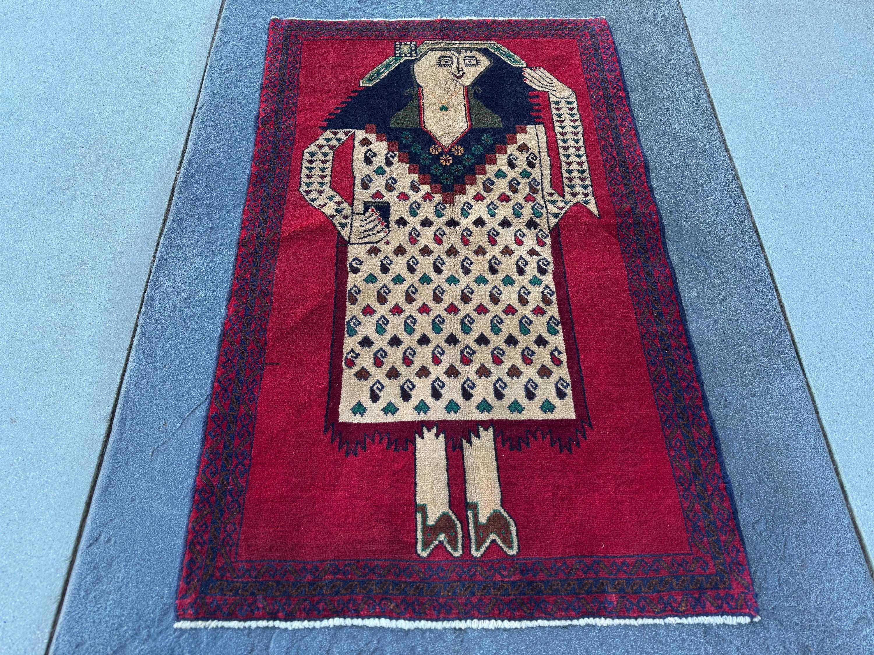 3x4-5 Handmade Vintage Afghan Baluch Rug | Blood Crimson Red Forest Green Navy Midnight Denim Blue Black Caramel Coffee Brown Cream | Wool