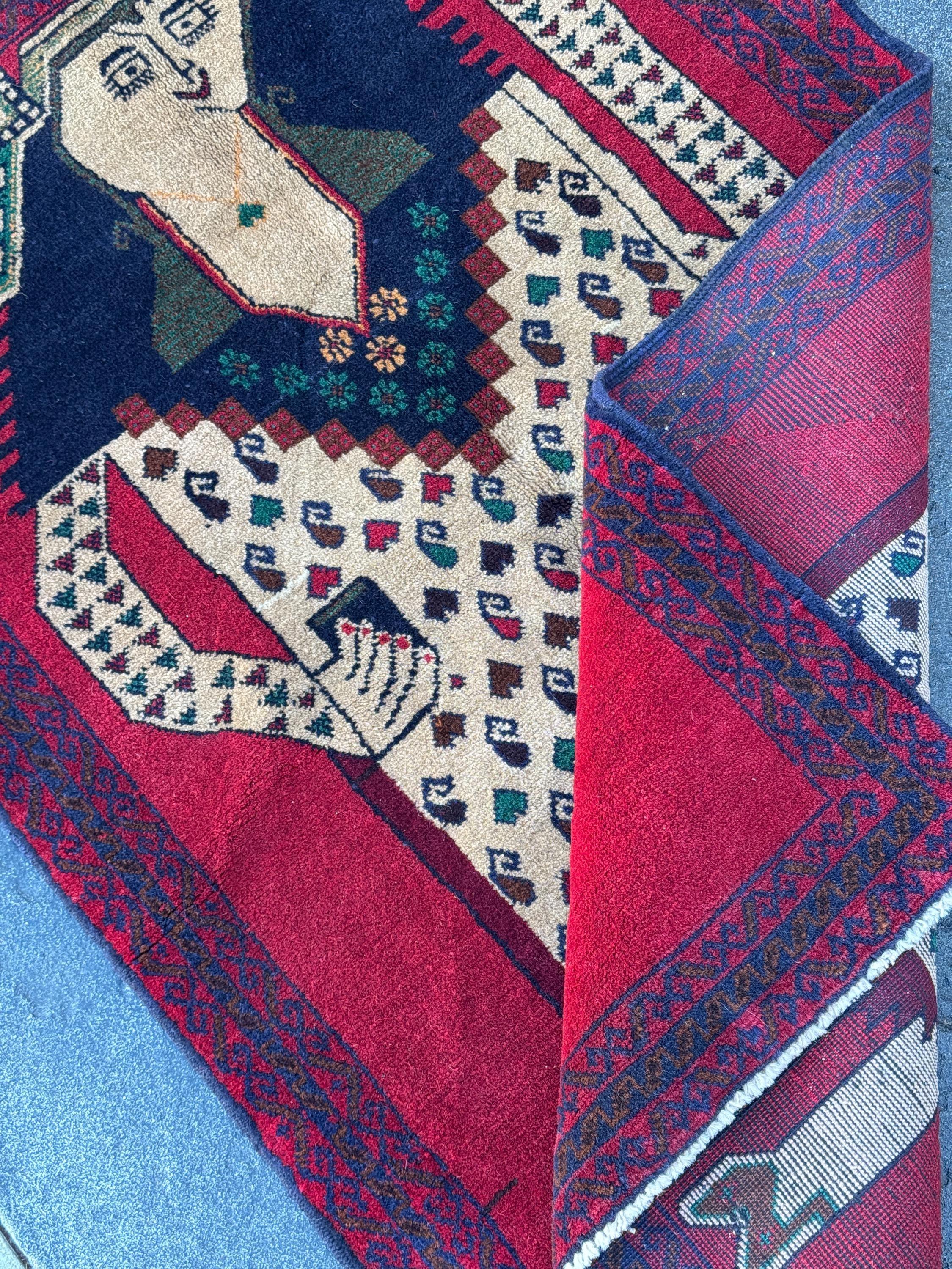 3x4-5 Handmade Vintage Afghan Baluch Rug | Blood Crimson Red Forest Green Navy Midnight Denim Blue Black Caramel Coffee Brown Cream | Wool