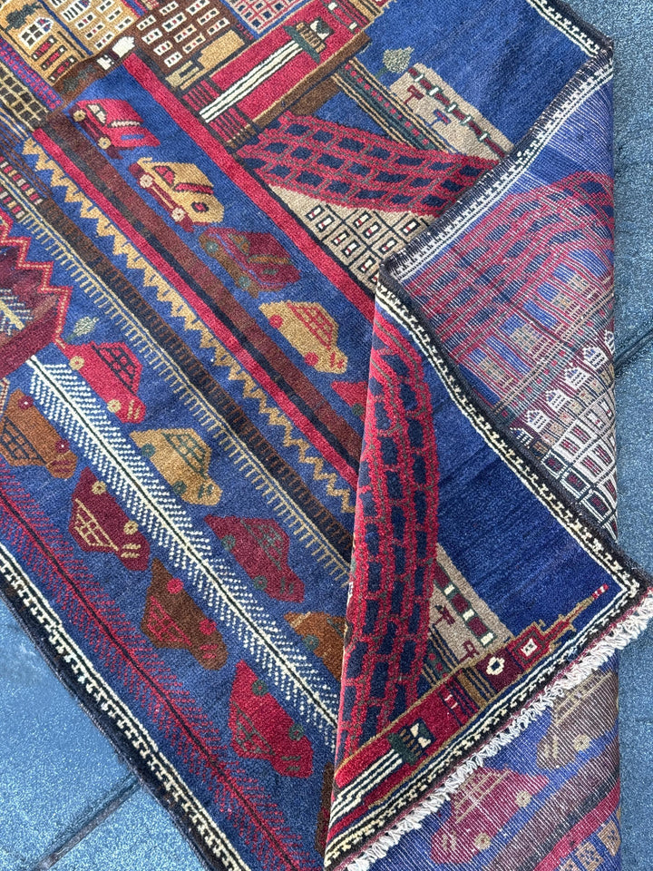 3x5 Handmade Vintage Afghan Baluch Rug | Navy Blue Crimson Blood Burgundy Red White Cream Taupe Tan Caramel Coffee Chocolate Brown Black