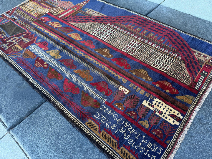 3x5 Handmade Vintage Afghan Baluch Rug | Navy Blue Crimson Blood Burgundy Red White Cream Taupe Tan Caramel Coffee Chocolate Brown Black