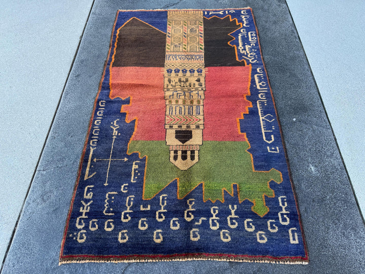 3x5 (91x152) Handmade Vintage Afghan Baluch Rug | Navy Blue Moss Green Tan Beige Orange Cream Brick Red Black | Wool Traditional Pictorial