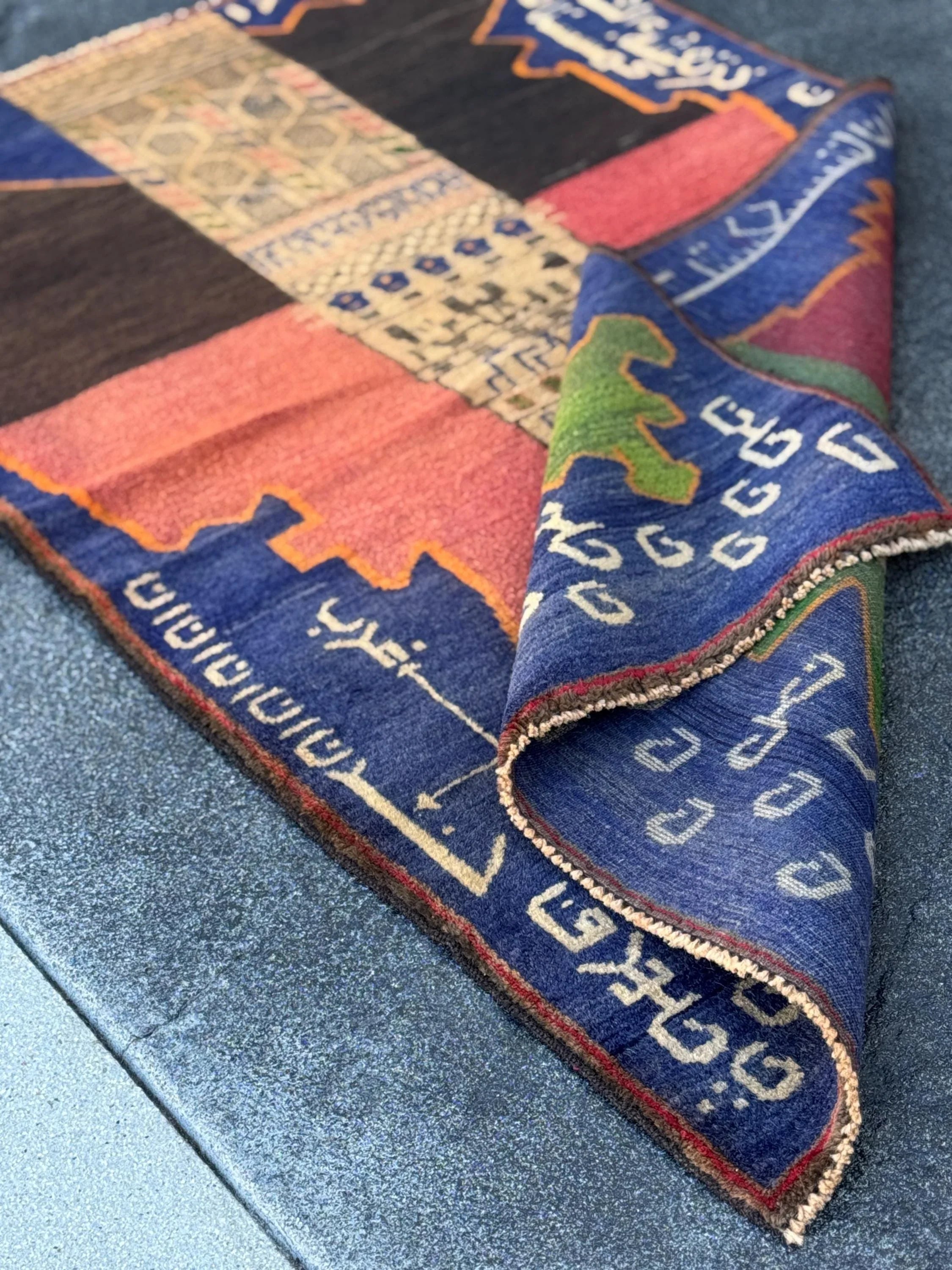 3x5 (91x152) Handmade Vintage Afghan Baluch Rug | Navy Blue Moss Green Tan Beige Orange Cream Brick Red Black | Wool Traditional Pictorial