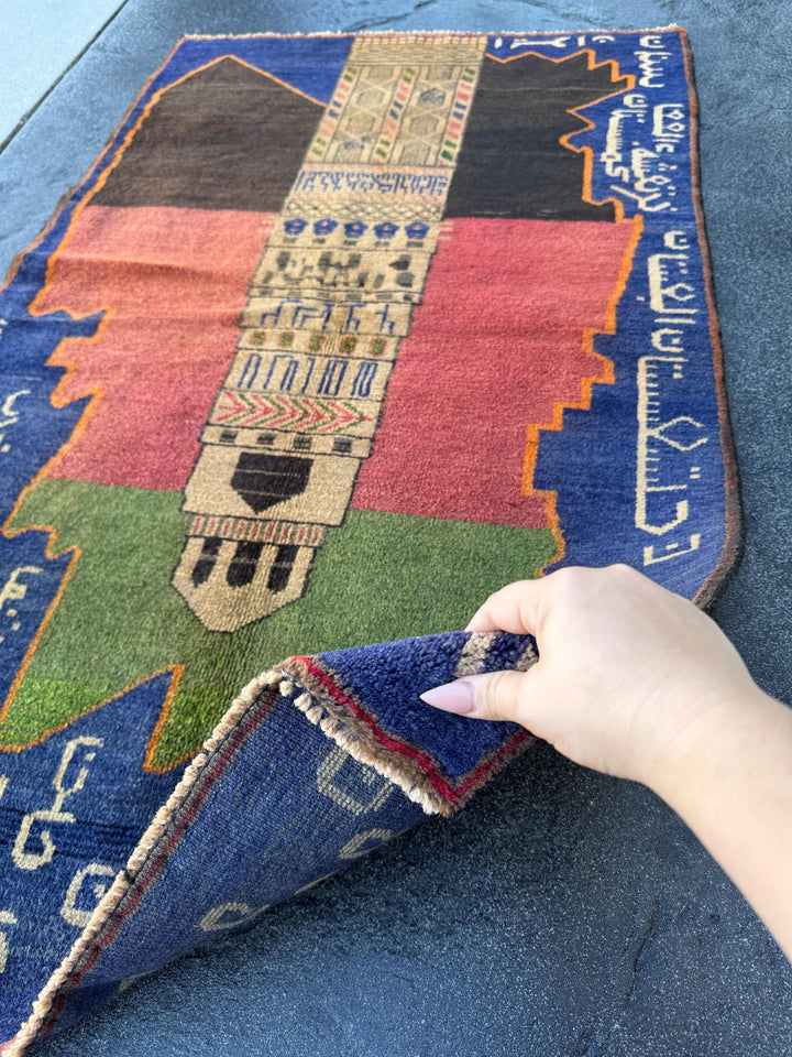 3x5 (91x152) Handmade Vintage Afghan Baluch Rug | Navy Blue Moss Green Tan Beige Orange Cream Brick Red Black | Wool Traditional Pictorial