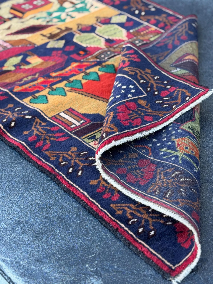 3x4-5 Handmade Vintage Afghan Baluch Rug Navy Blue Scarlet Brick Red Moss Forest Green Orange White Black Cream Saffron Caramel Coffee Brown