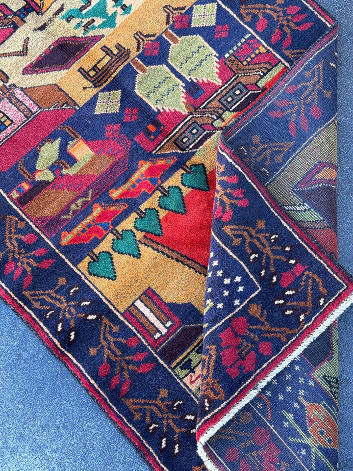 3x4-5 Handmade Vintage Afghan Baluch Rug Navy Blue Scarlet Brick Red Moss Forest Green Orange White Black Cream Saffron Caramel Coffee Brown