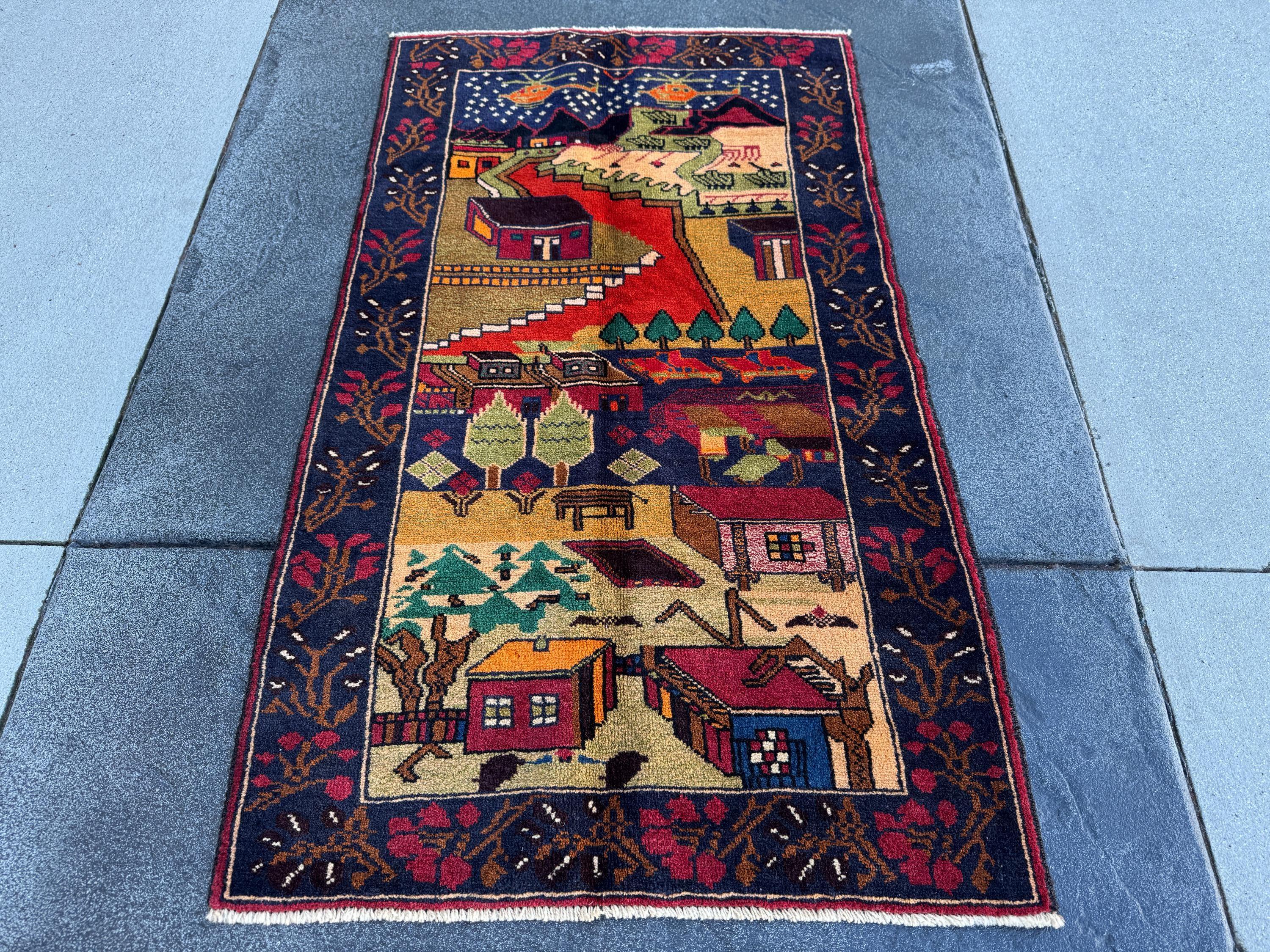 3x4-5 Handmade Vintage Afghan Baluch Rug Navy Blue Scarlet Brick Red Moss Forest Green Orange White Black Cream Saffron Caramel Coffee Brown
