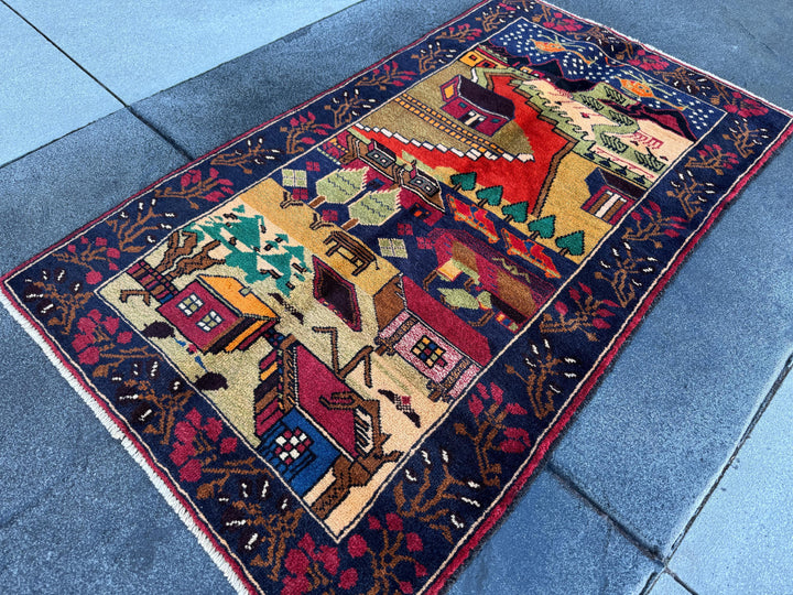 3x4-5 Handmade Vintage Afghan Baluch Rug Navy Blue Scarlet Brick Red Moss Forest Green Orange White Black Cream Saffron Caramel Coffee Brown