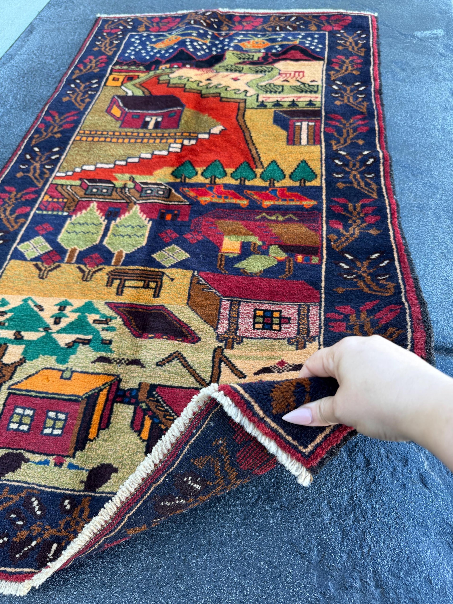 3x4-5 Handmade Vintage Afghan Baluch Rug Navy Blue Scarlet Brick Red Moss Forest Green Orange White Black Cream Saffron Caramel Coffee Brown