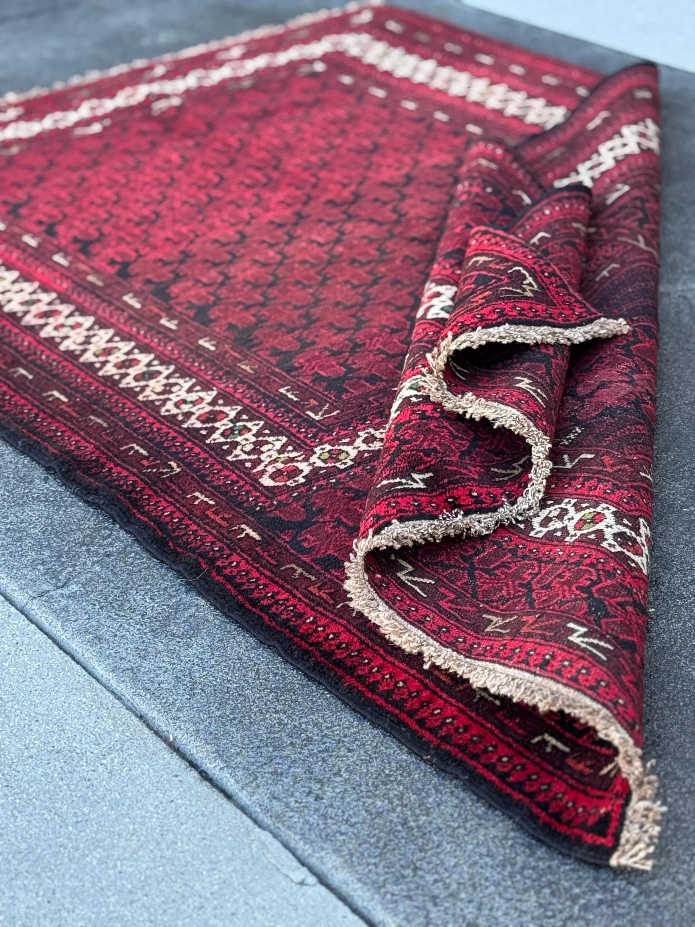 3x5 (91x152) Handmade Vintage Afghan Baluch Rug | Maroon Burgundy Crimson Brick Red White Ivory Pine Moss Forest Green Black | Wool