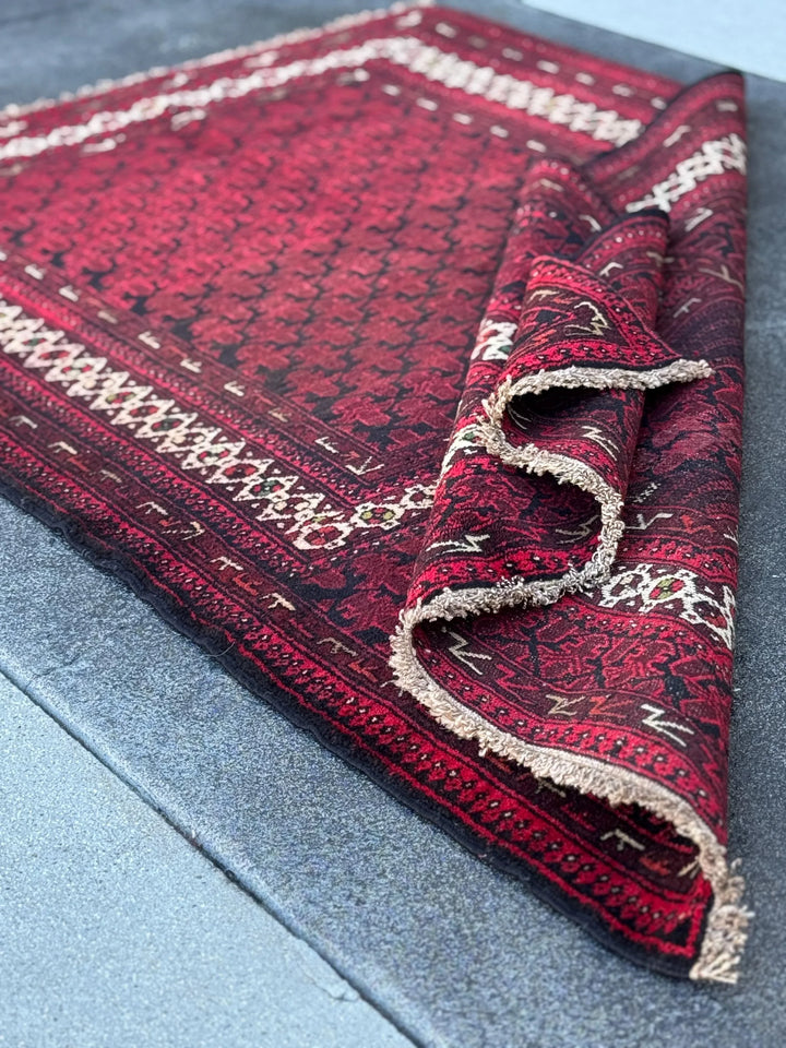 3x5 (91x152) Handmade Vintage Afghan Baluch Rug | Maroon Burgundy Crimson Brick Red White Ivory Pine Moss Forest Green Black | Wool