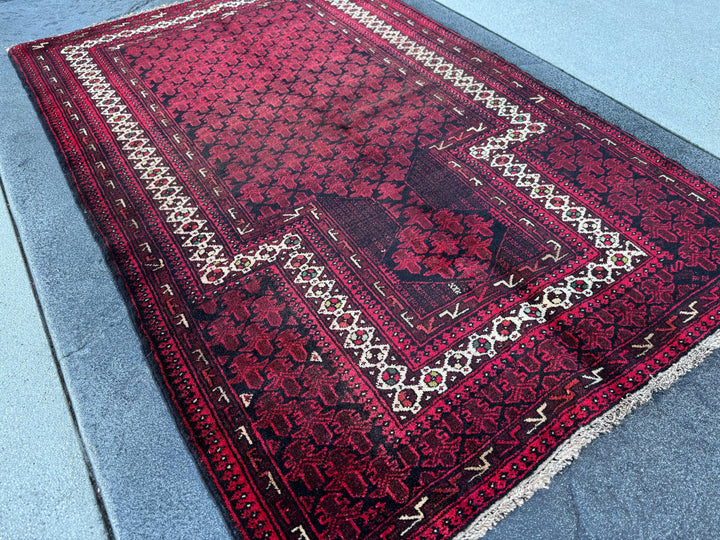 3x5 (91x152) Handmade Vintage Afghan Baluch Rug | Maroon Burgundy Crimson Brick Red White Ivory Pine Moss Forest Green Black | Wool