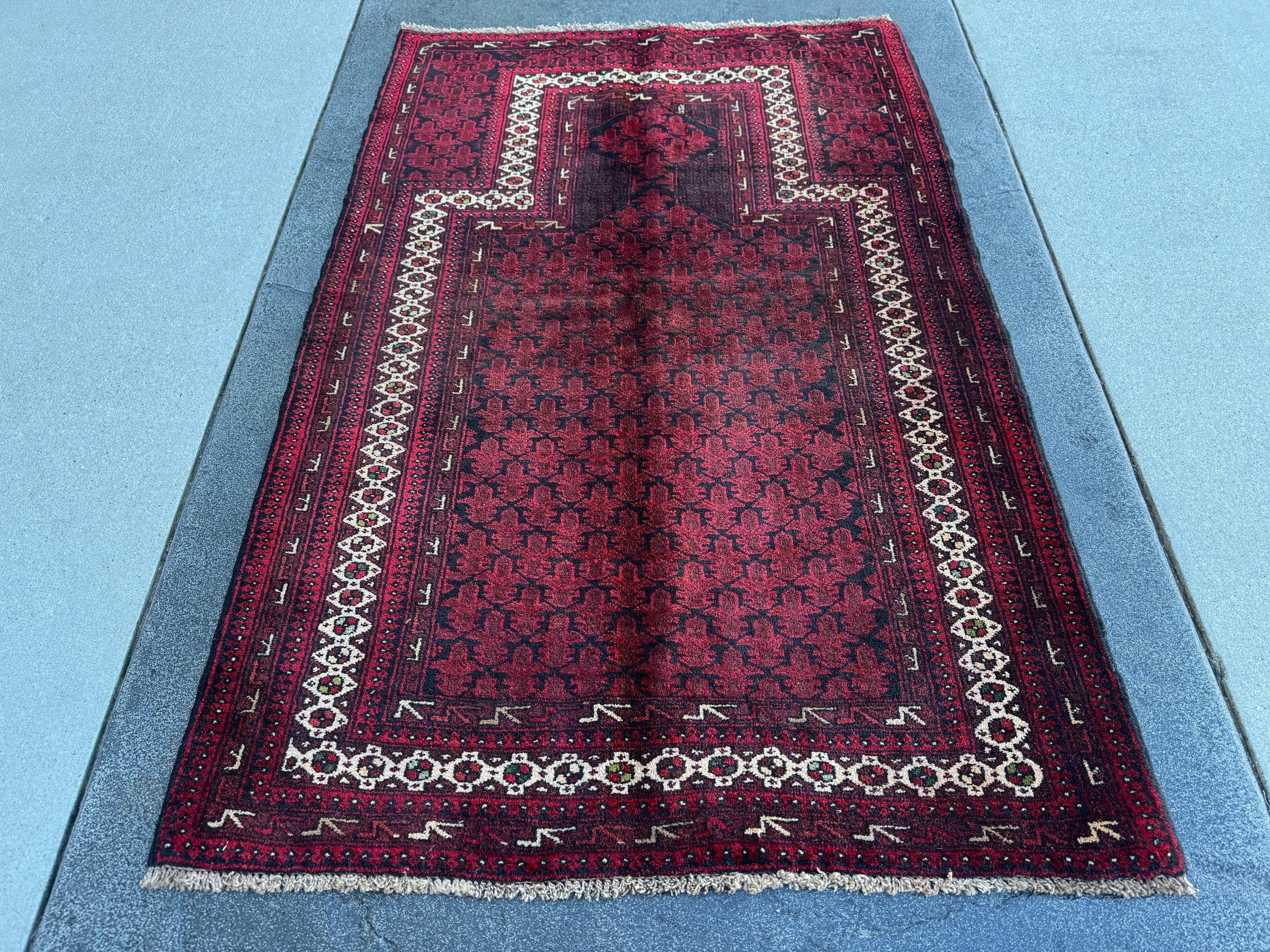 3x5 (91x152) Handmade Vintage Afghan Baluch Rug | Maroon Burgundy Crimson Brick Red White Ivory Pine Moss Forest Green Black | Wool