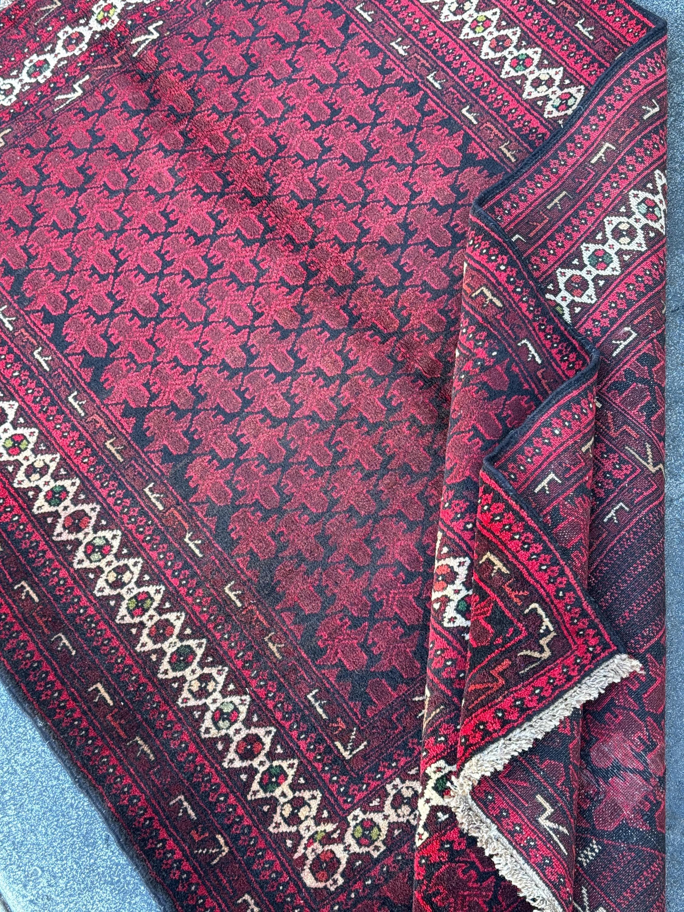3x5 (91x152) Handmade Vintage Afghan Baluch Rug | Maroon Burgundy Crimson Brick Red White Ivory Pine Moss Forest Green Black | Wool