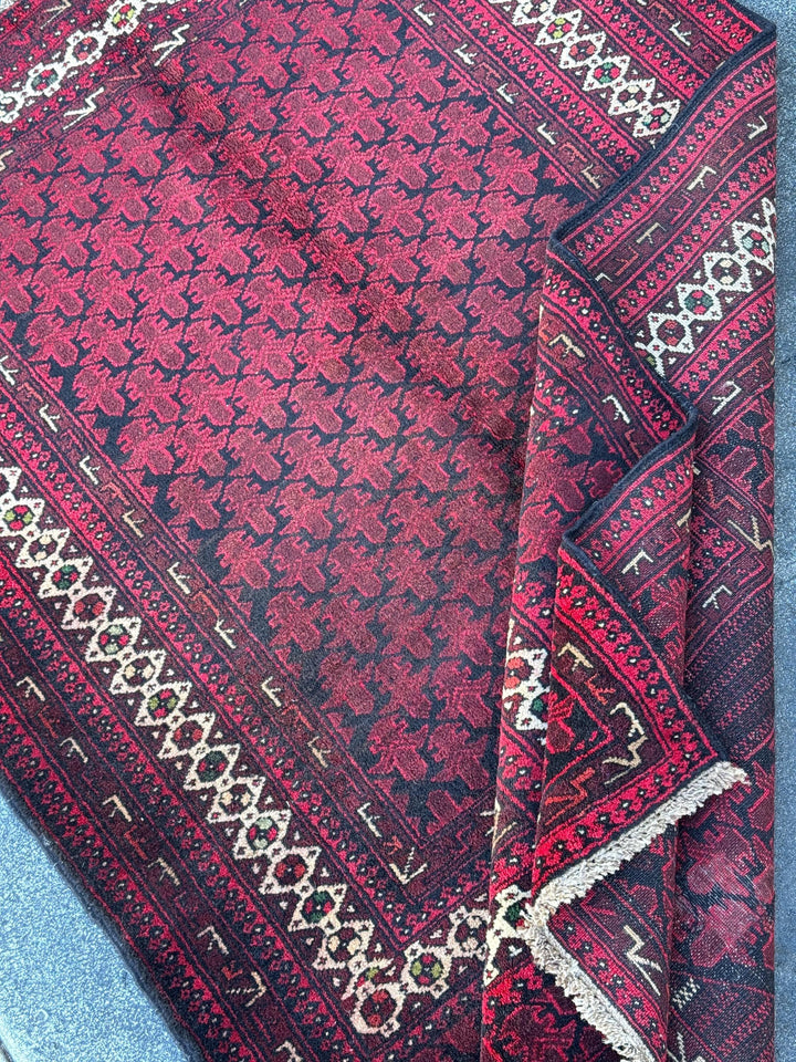3x5 (91x152) Handmade Vintage Afghan Baluch Rug | Maroon Burgundy Crimson Brick Red White Ivory Pine Moss Forest Green Black | Wool