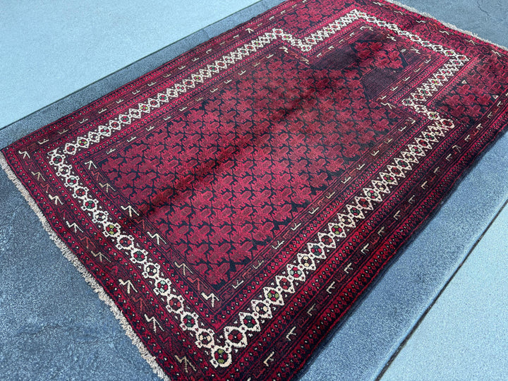3x5 (91x152) Handmade Vintage Afghan Baluch Rug | Maroon Burgundy Crimson Brick Red White Ivory Pine Moss Forest Green Black | Wool