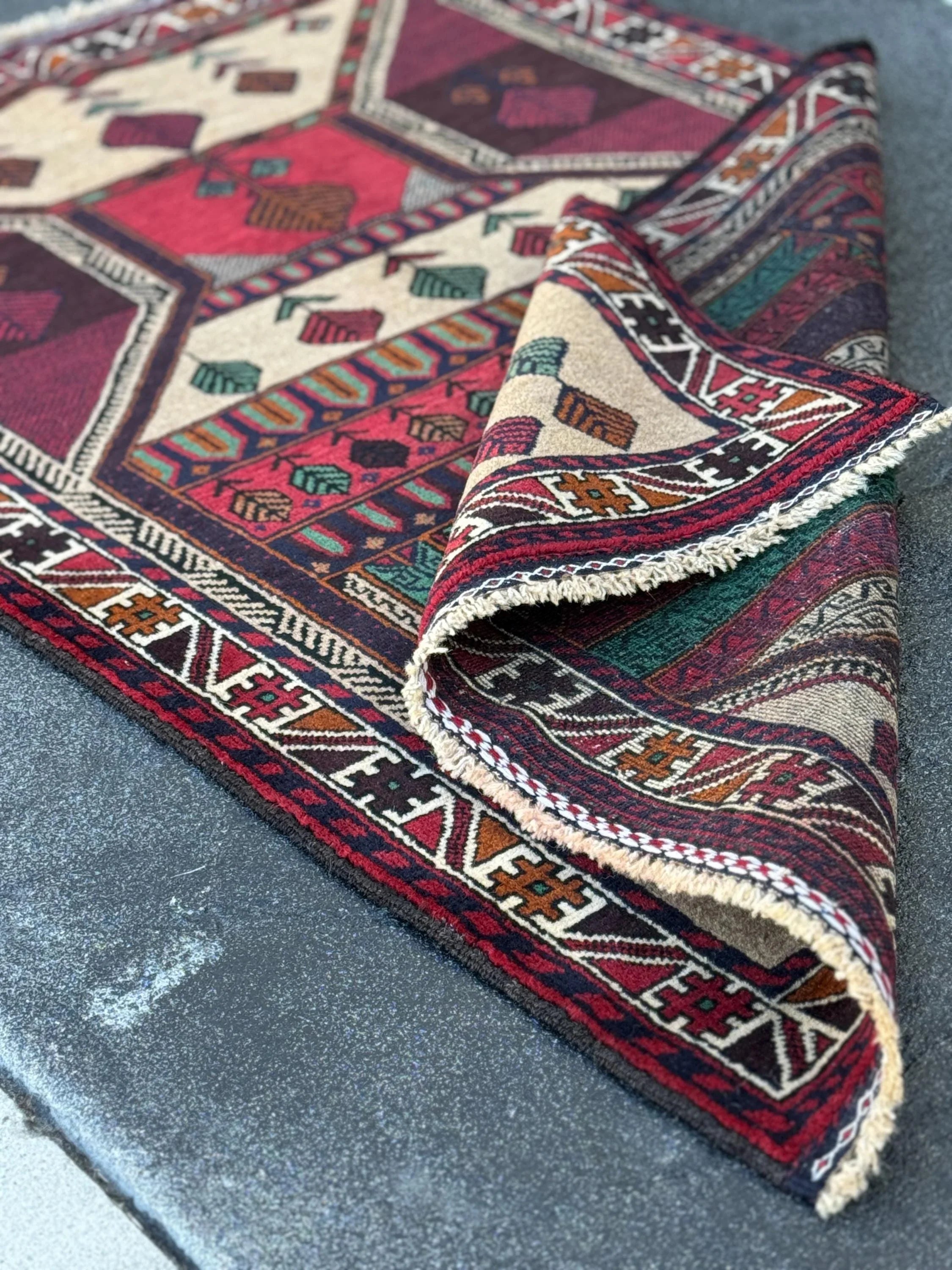 3x5 (91x152) Handmade Vintage Afghan Baluch Rug | Cream Maroon Burgundy Blood Red White Burnt Orange Forest Green Black Tan | Wool
