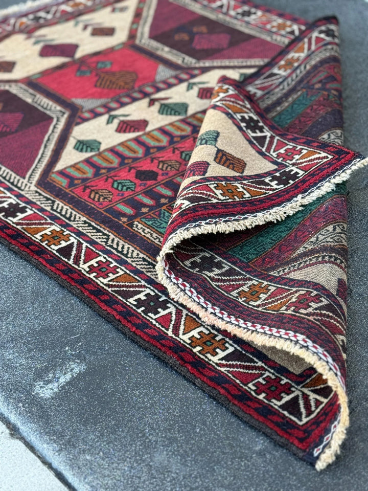 3x5 (91x152) Handmade Vintage Afghan Baluch Rug | Cream Maroon Burgundy Blood Red White Burnt Orange Forest Green Black Tan | Wool