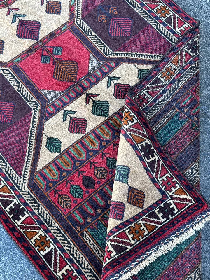 3x5 (91x152) Handmade Vintage Afghan Baluch Rug | Cream Maroon Burgundy Blood Red White Burnt Orange Forest Green Black Tan | Wool