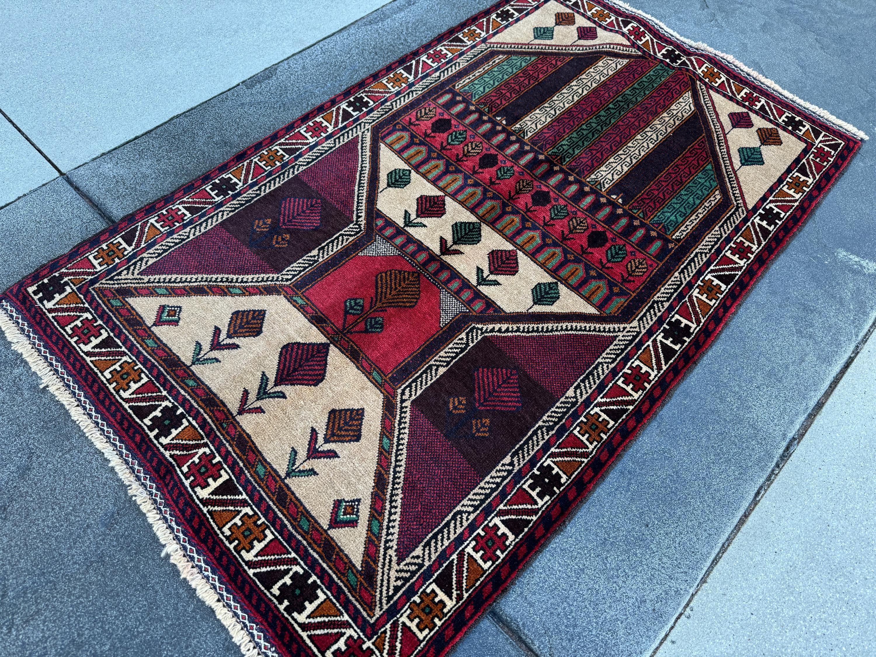 3x5 (91x152) Handmade Vintage Afghan Baluch Rug | Cream Maroon Burgundy Blood Red White Burnt Orange Forest Green Black Tan | Wool