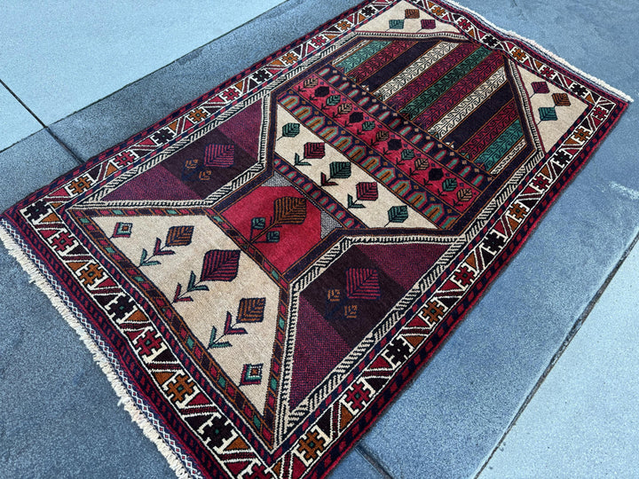3x5 (91x152) Handmade Vintage Afghan Baluch Rug | Cream Maroon Burgundy Blood Red White Burnt Orange Forest Green Black Tan | Wool