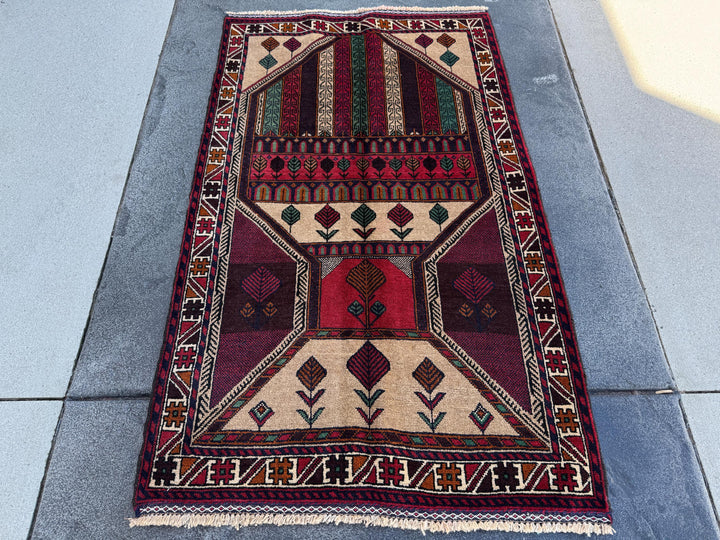 3x5 (91x152) Handmade Vintage Afghan Baluch Rug | Cream Maroon Burgundy Blood Red White Burnt Orange Forest Green Black Tan | Wool