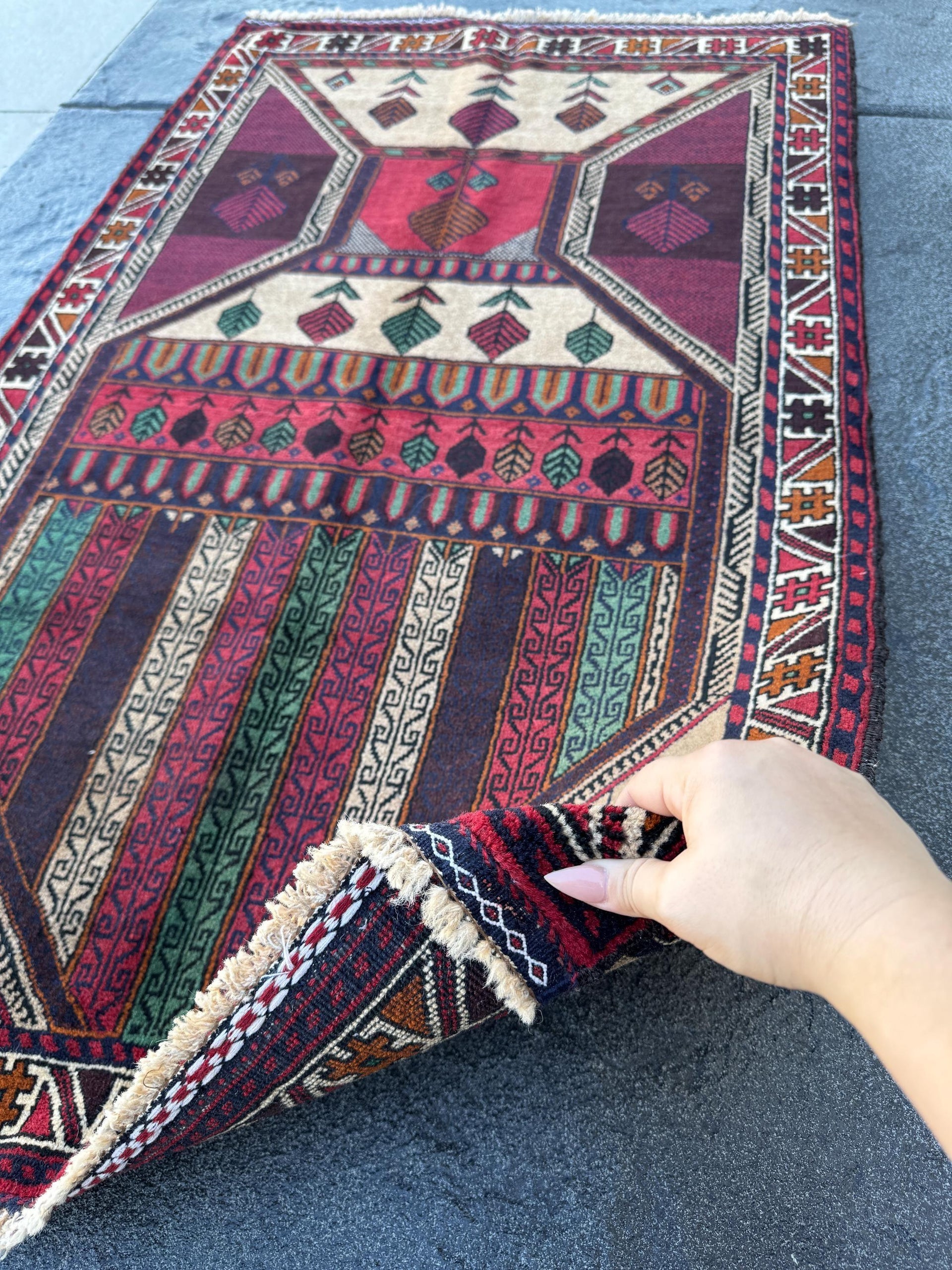 3x5 (91x152) Handmade Vintage Afghan Baluch Rug | Cream Maroon Burgundy Blood Red White Burnt Orange Forest Green Black Tan | Wool