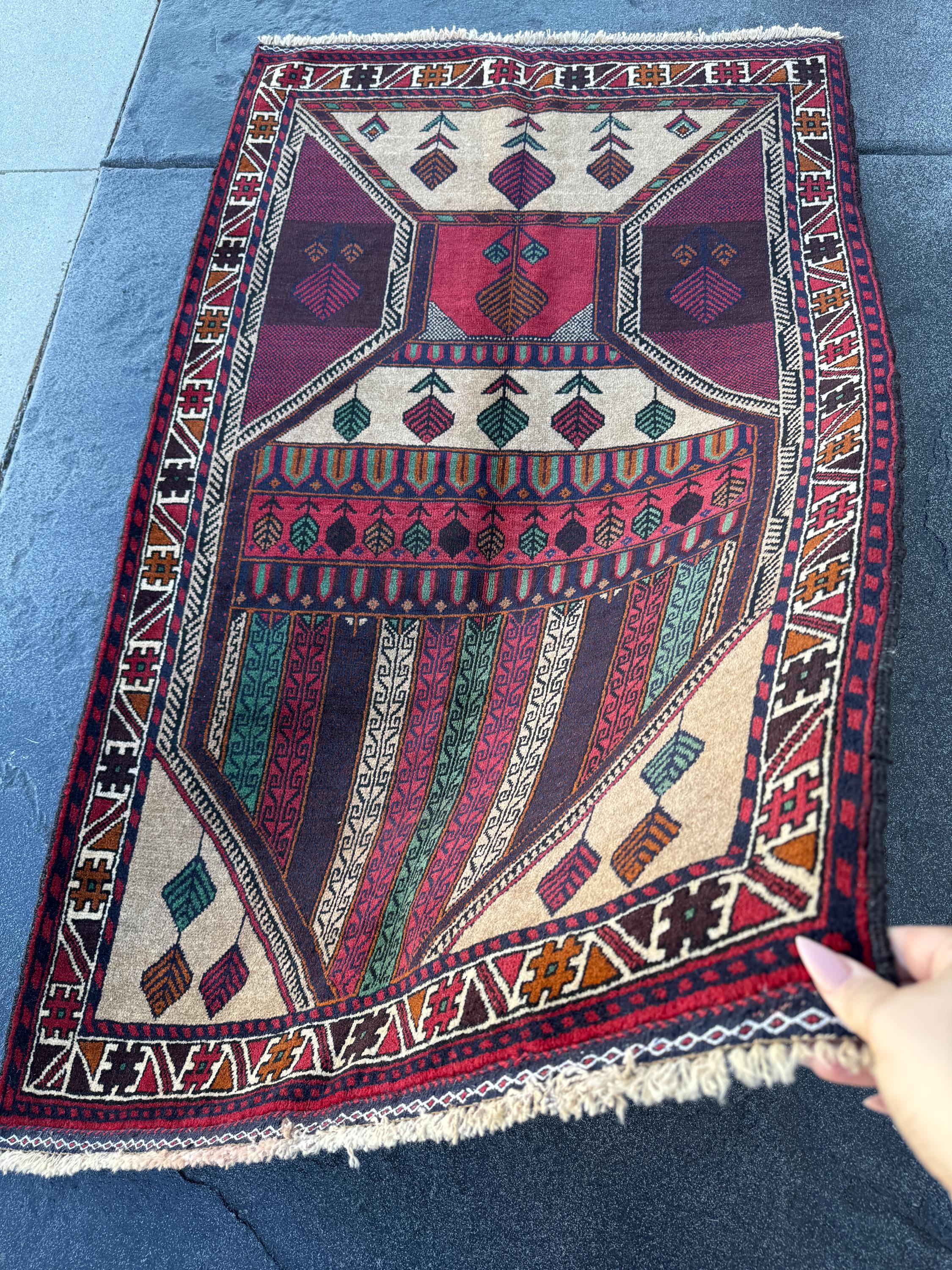 3x5 (91x152) Handmade Vintage Afghan Baluch Rug | Cream Maroon Burgundy Blood Red White Burnt Orange Forest Green Black Tan | Wool