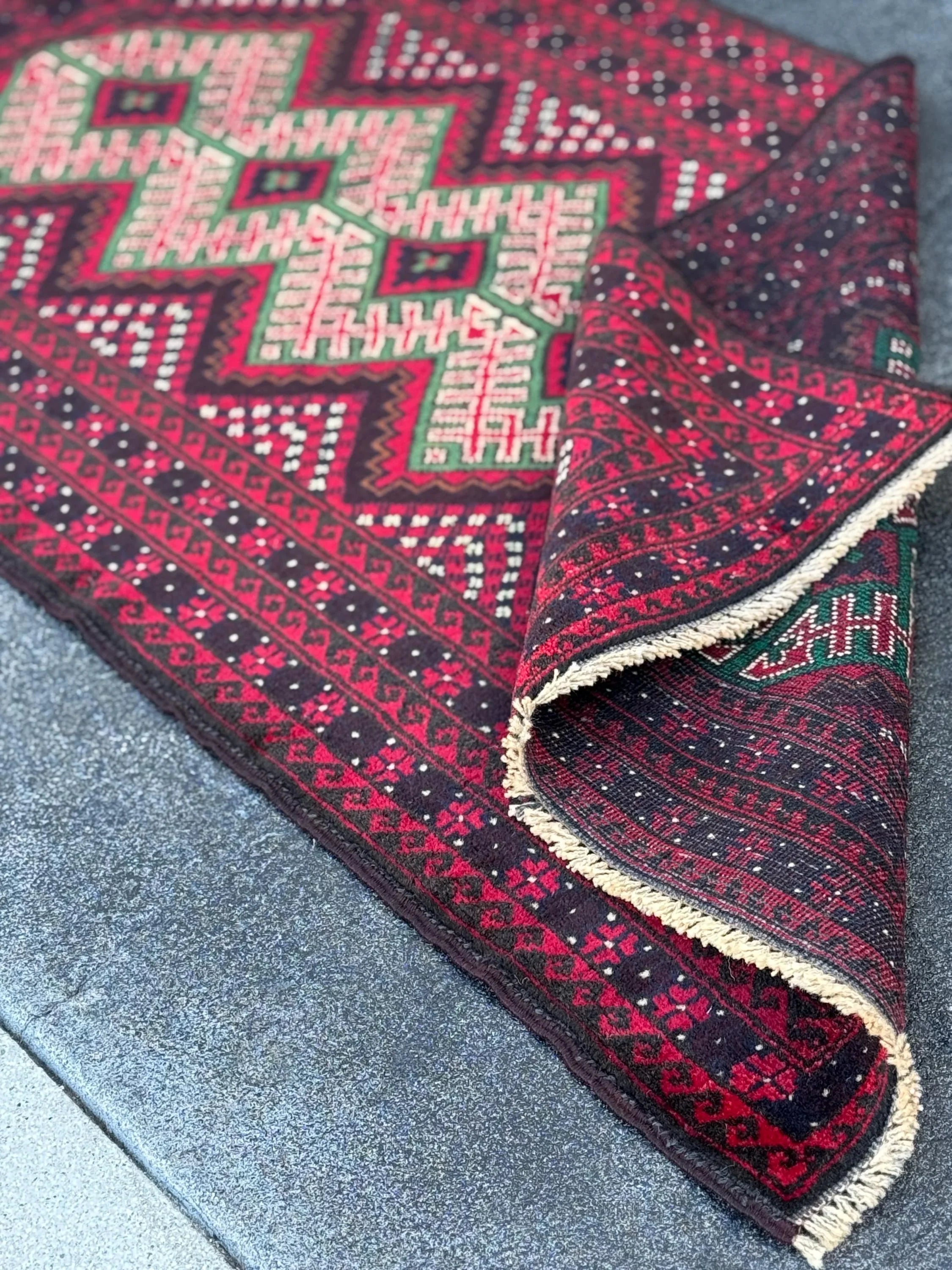 3x4-5 (91x130) Handmade Vintage Afghan Baluch Rug | Crimson Maroon Burgundy Red White Black Ivory Forest Pine Green Burnt Orange | Wool