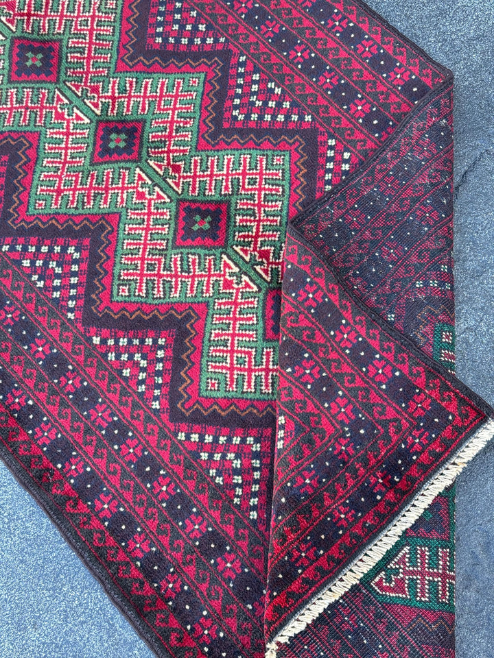 3x4-5 (91x130) Handmade Vintage Afghan Baluch Rug | Crimson Maroon Burgundy Red White Black Ivory Forest Pine Green Burnt Orange | Wool