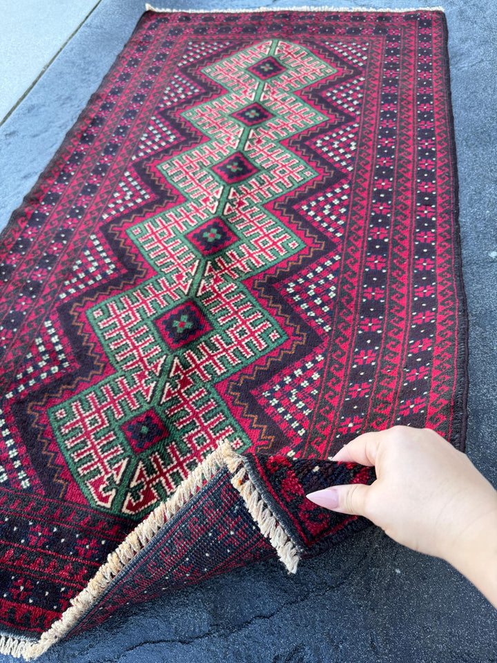 3x4-5 (91x130) Handmade Vintage Afghan Baluch Rug | Crimson Maroon Burgundy Red White Black Ivory Forest Pine Green Burnt Orange | Wool