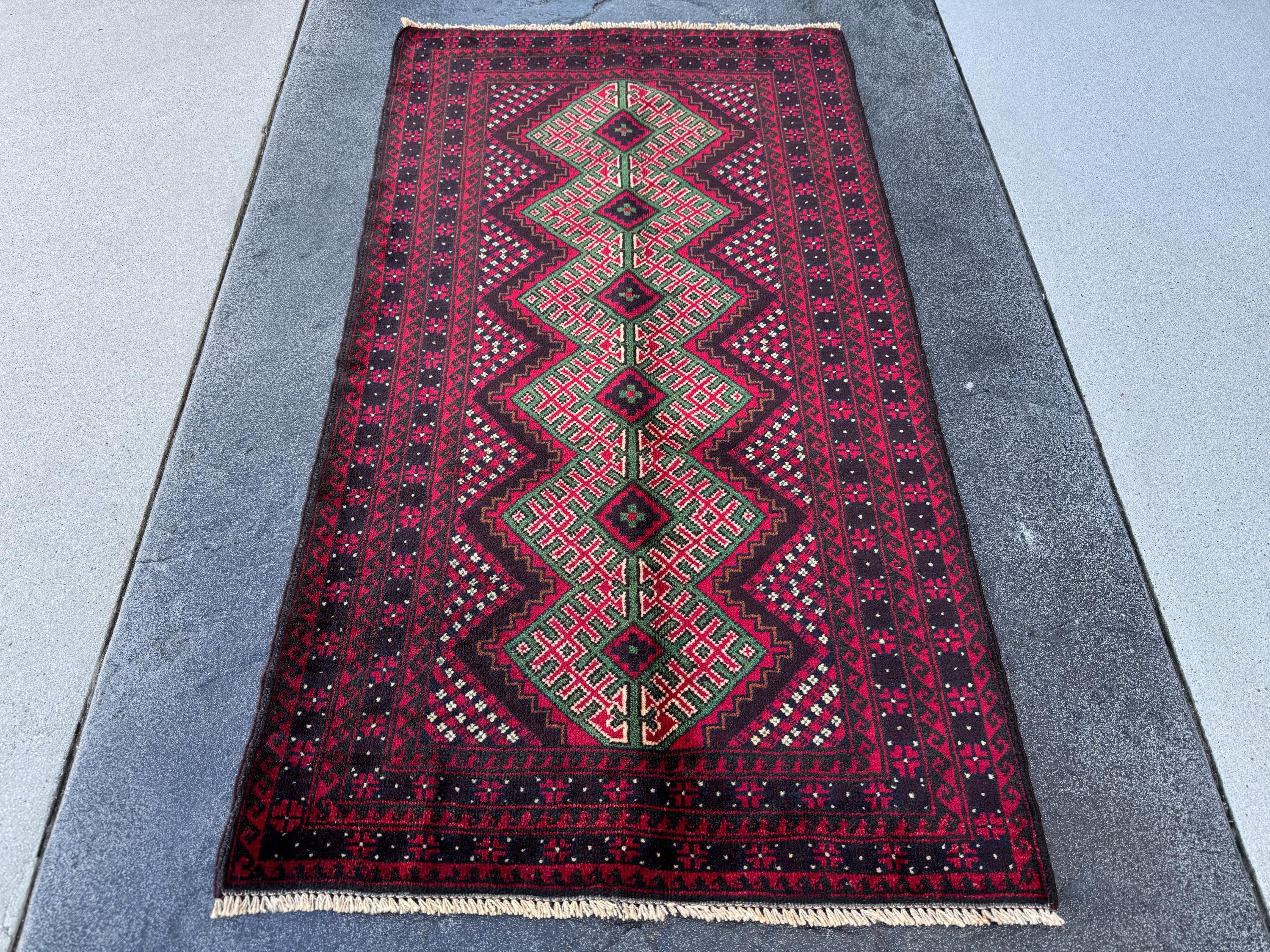 3x4-5 (91x130) Handmade Vintage Afghan Baluch Rug | Crimson Maroon Burgundy Red White Black Ivory Forest Pine Green Burnt Orange | Wool