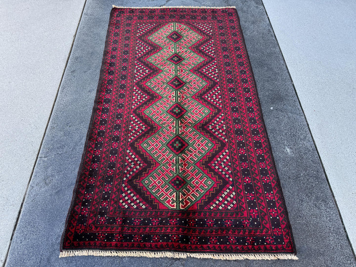 3x4-5 (91x130) Handmade Vintage Afghan Baluch Rug | Crimson Maroon Burgundy Red White Black Ivory Forest Pine Green Burnt Orange | Wool