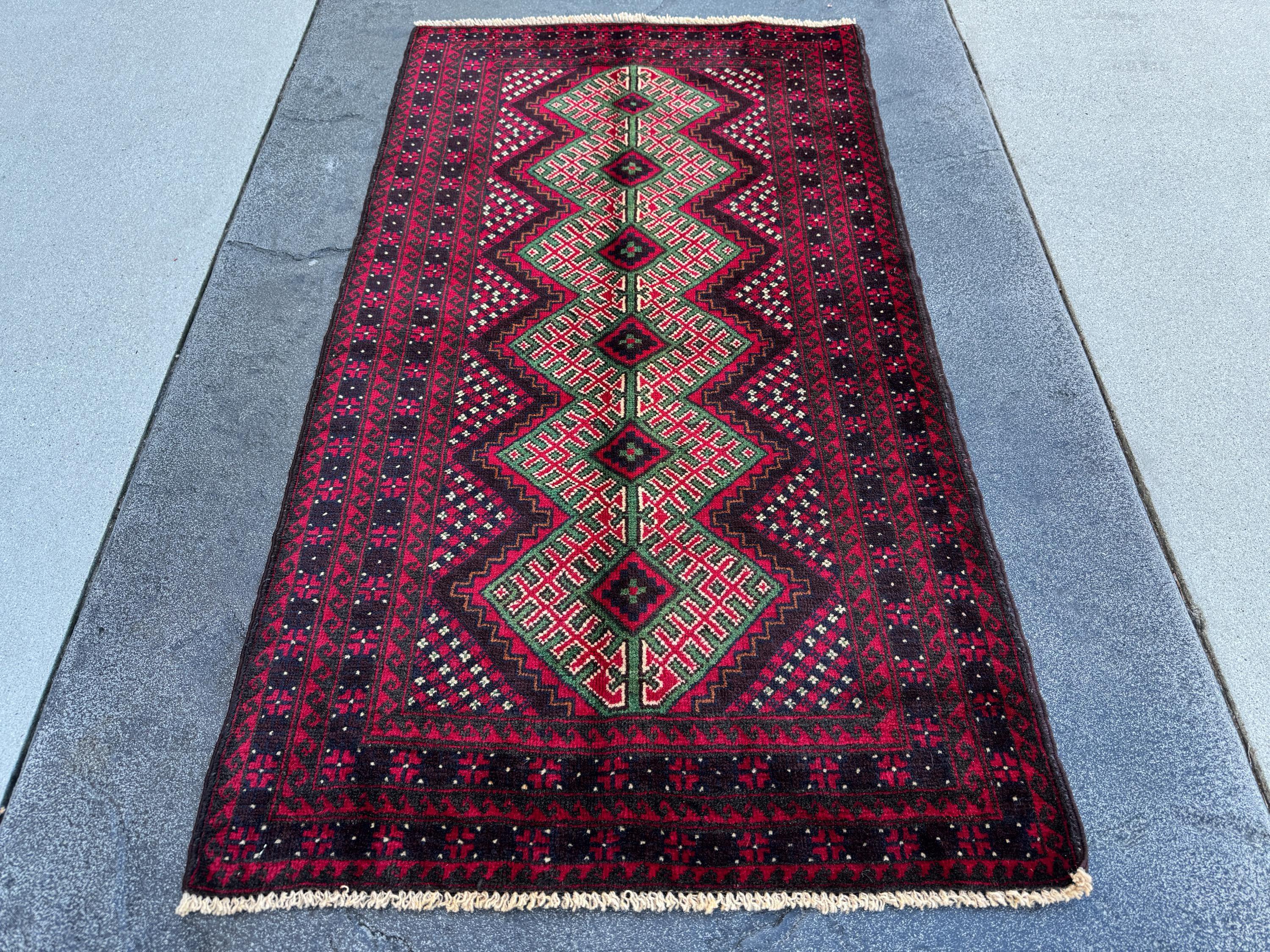 3x4-5 (91x130) Handmade Vintage Afghan Baluch Rug | Crimson Maroon Burgundy Red White Black Ivory Forest Pine Green Burnt Orange | Wool