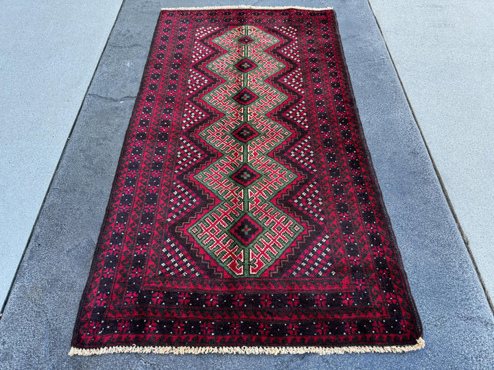 3x4-5 (91x130) Handmade Vintage Afghan Baluch Rug | Crimson Maroon Burgundy Red White Black Ivory Forest Pine Green Burnt Orange | Wool