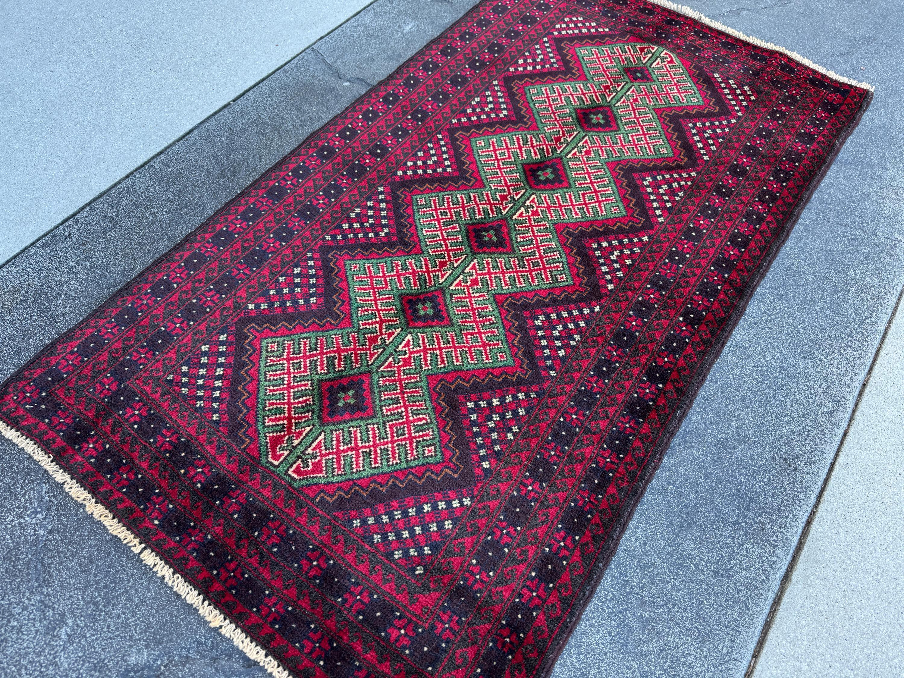 3x4-5 (91x130) Handmade Vintage Afghan Baluch Rug | Crimson Maroon Burgundy Red White Black Ivory Forest Pine Green Burnt Orange | Wool