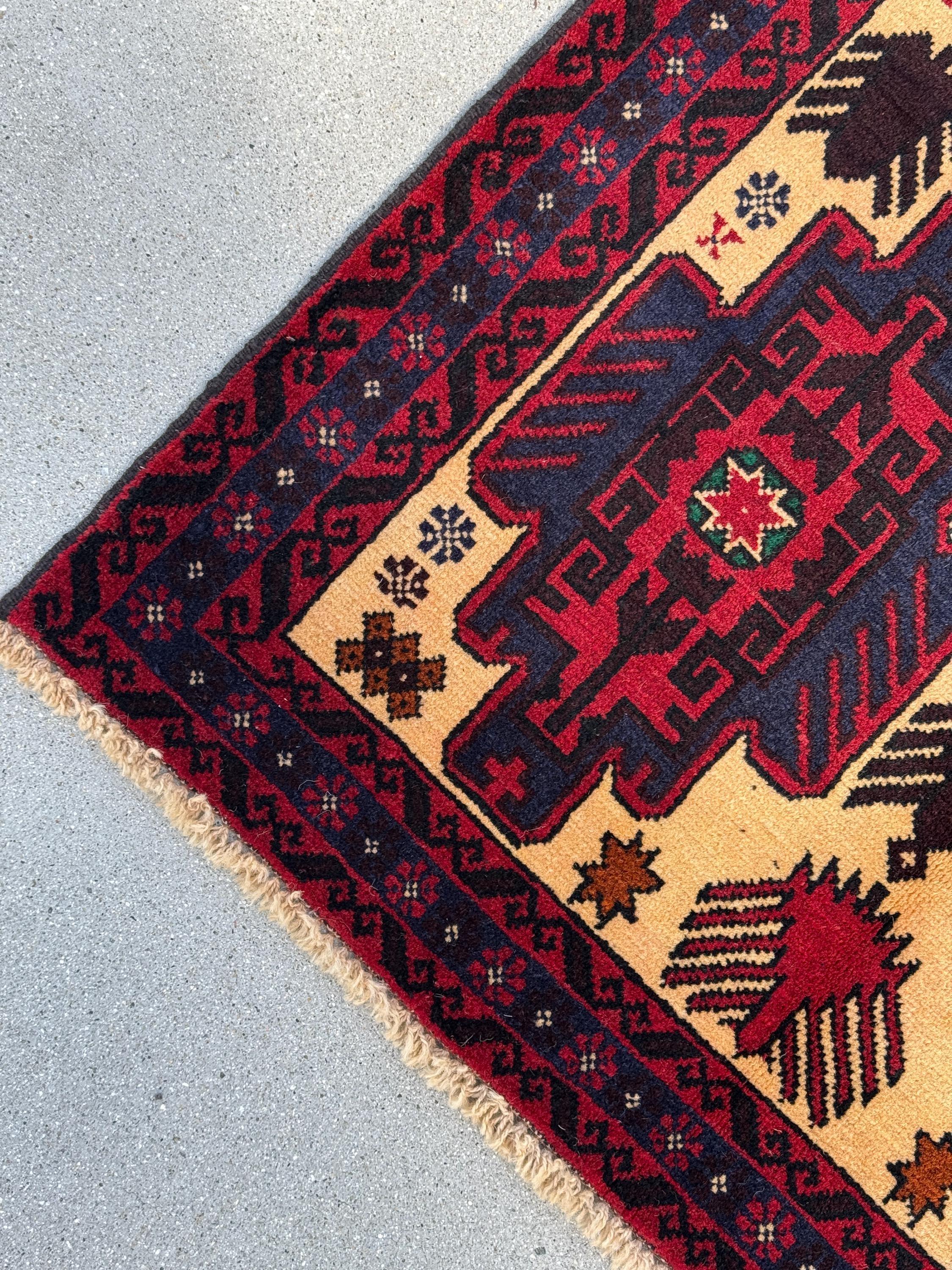 3x5 Handmade Vintage Afghan Baluch Rug | Cream Tan Caramel Coffee Brown Midnight Blue Black Blood Scarlet Red White Ivory Forest Green Wool