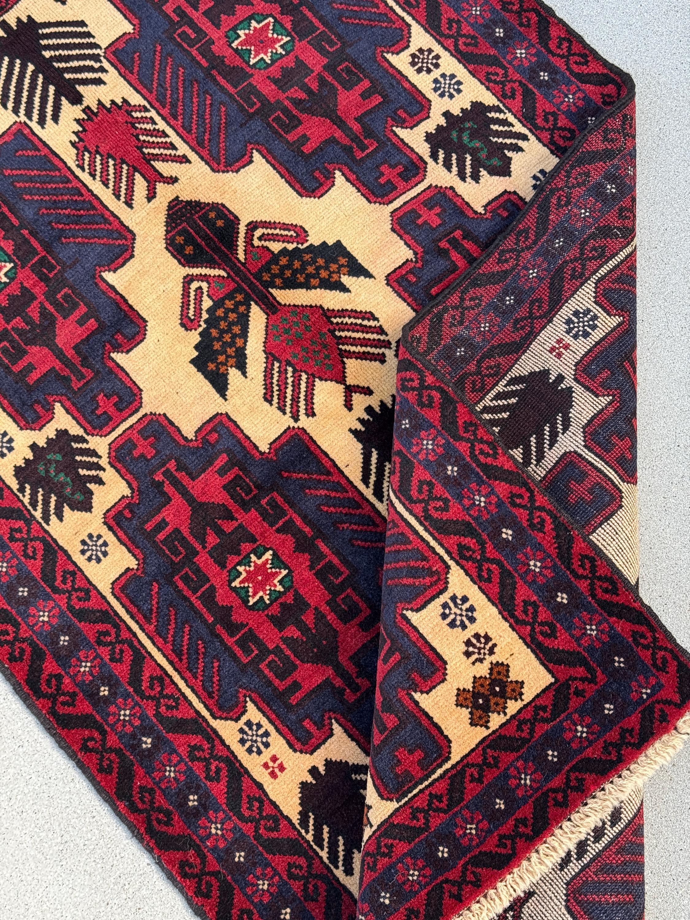 3x5 Handmade Vintage Afghan Baluch Rug | Cream Tan Caramel Coffee Brown Midnight Blue Black Blood Scarlet Red White Ivory Forest Green Wool
